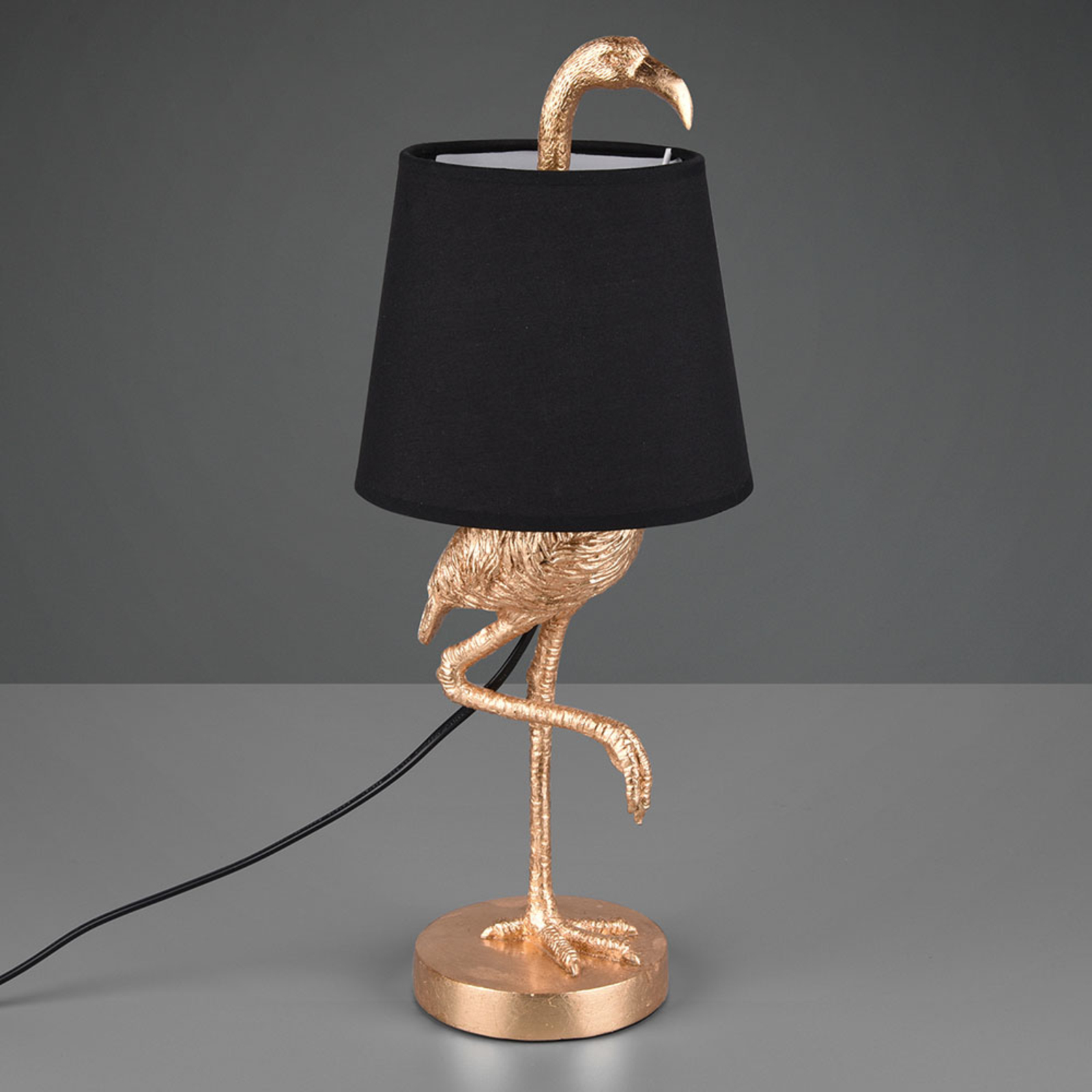 Tafellamp Lola met flamingo-figuur, zwart/goud