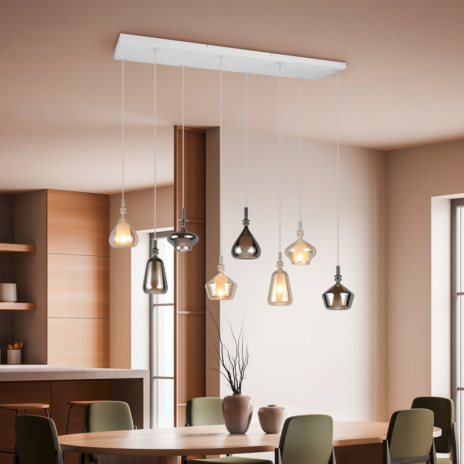 Pakabinama lempa Aldea, ilgis 115 cm, balta/gintaro spalvos/chromo stiklas, 8 Pakabinama lempa Aldea, ilgis 115 cm, balta/gintaro spalvos/chromo stiklas, 8