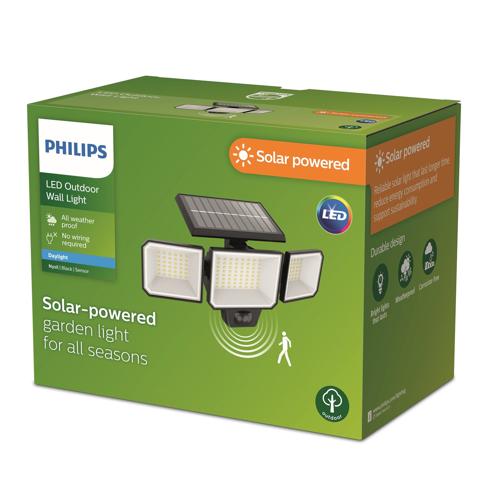 Candeeiro solar de parede Philips LED Nysil, 3 luzes, sensor