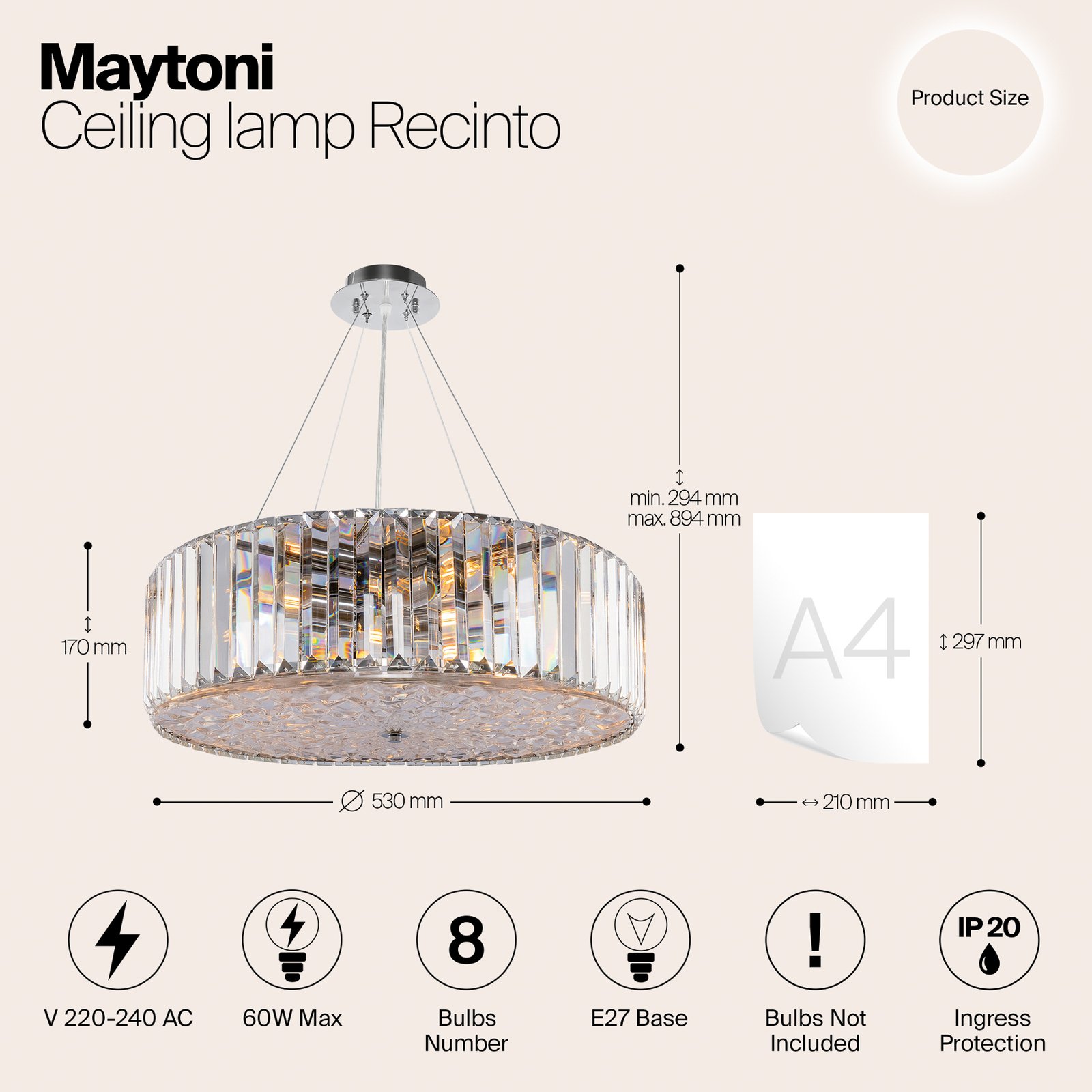 Maytoni Recinto obesek, Ø 53 cm, steklo, 8 x E27