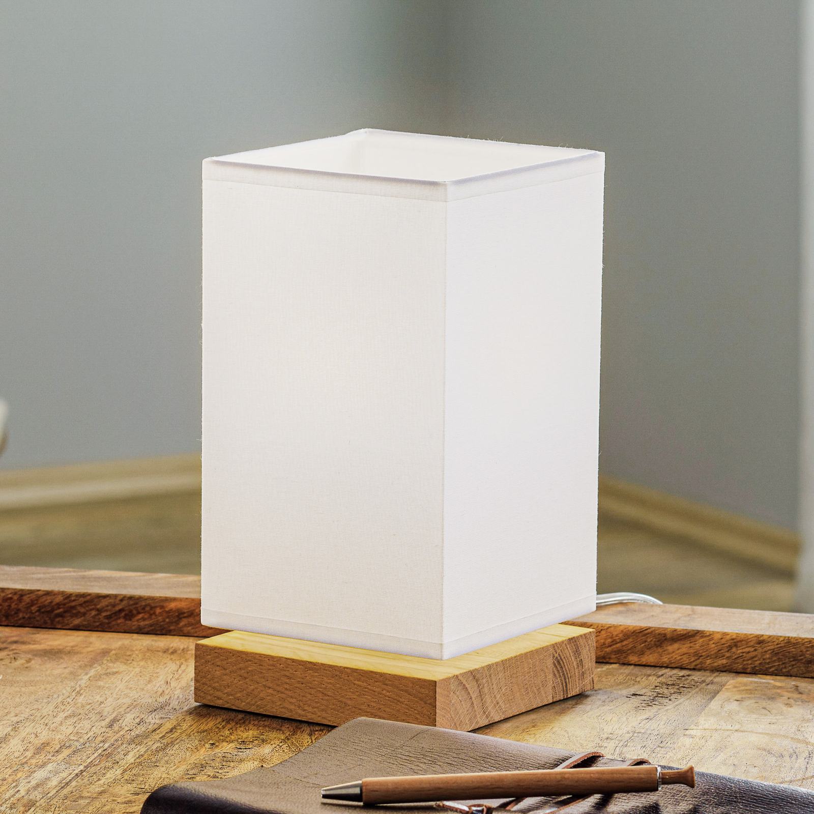 Canvas table lamp, oak, angular, white