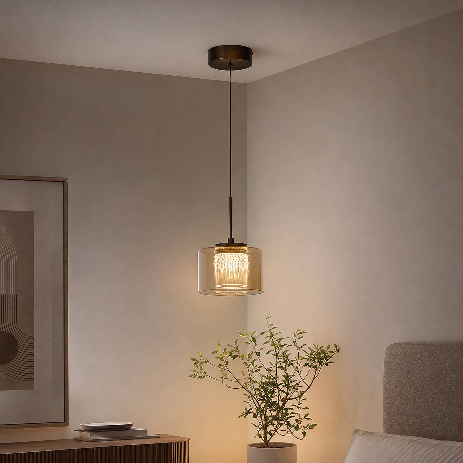 Searchlight LED hanglamp Tumblers, 1-lamp, brons, glas, 3.000 K