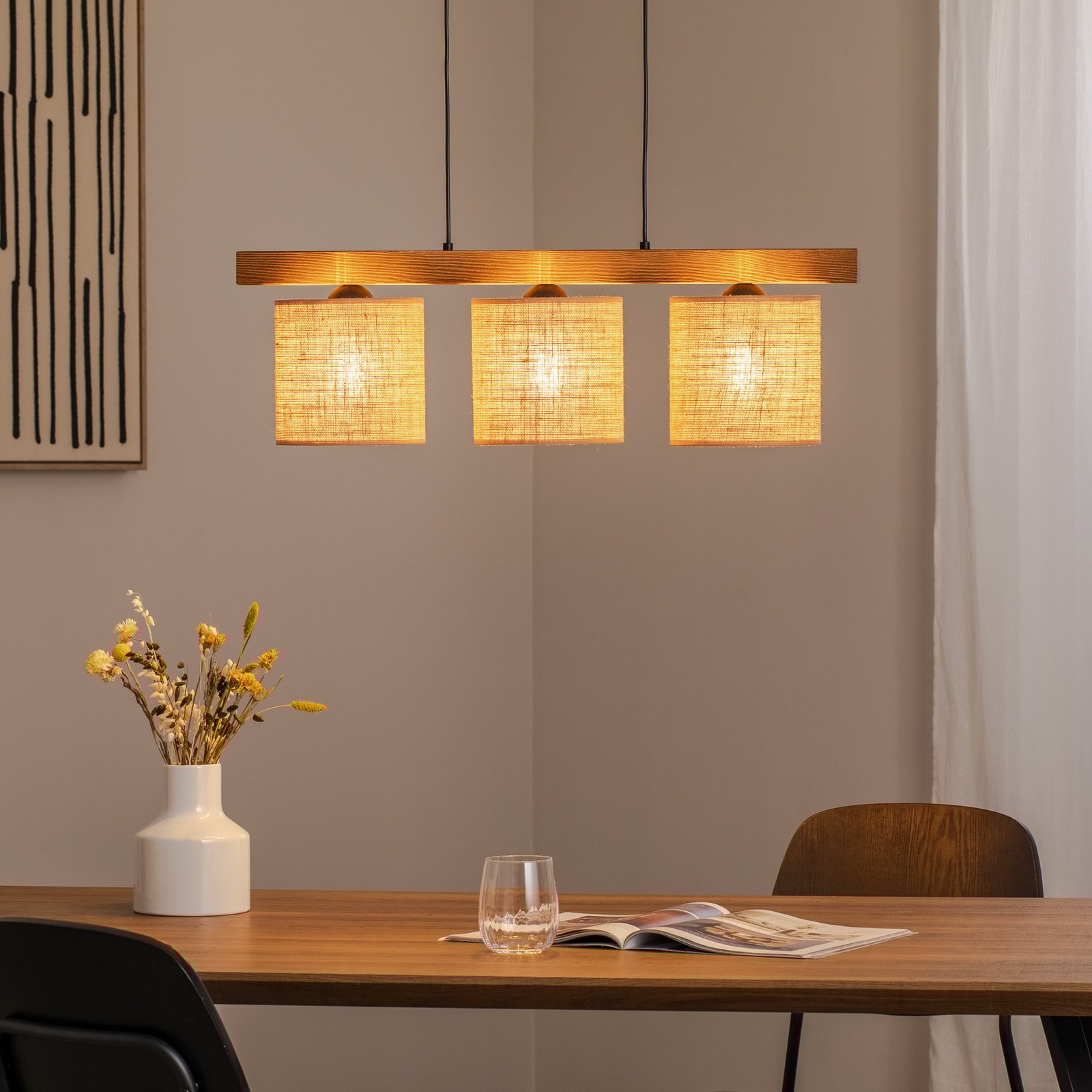 Pendellampe Forest, træ lys/sort, jute natur, 3 lyskilder.