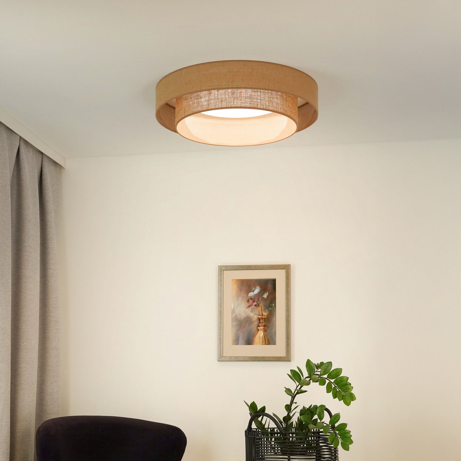 LED griestu gaisma Luneta, džuta, brūna, Ø 60 cm, 3 pakāpju dim