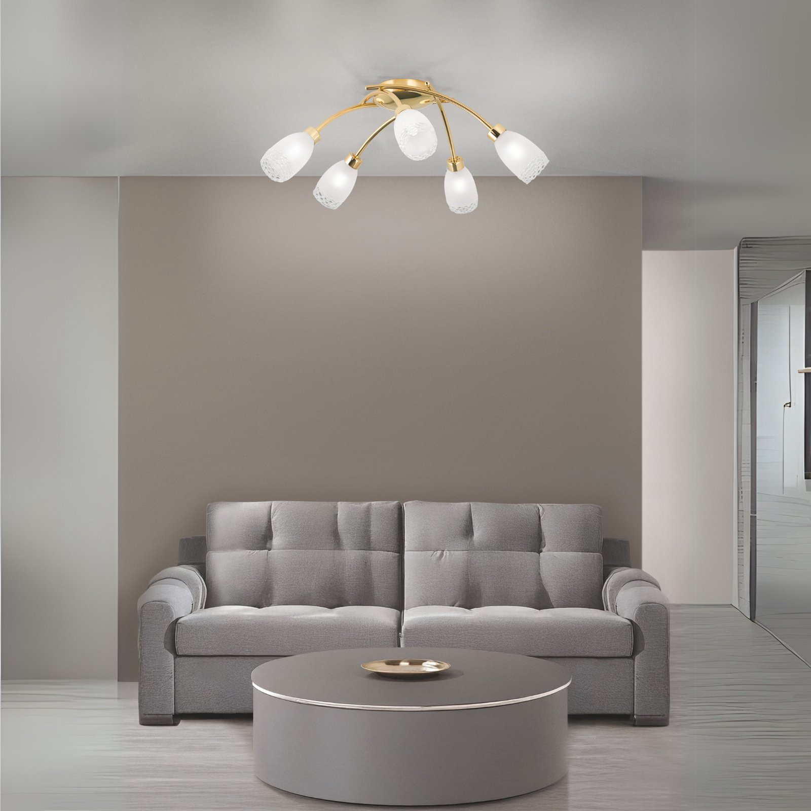 Plafonieră CARLA, culoare alamă, Ø 60 cm metal/sticlă 5 becuri.