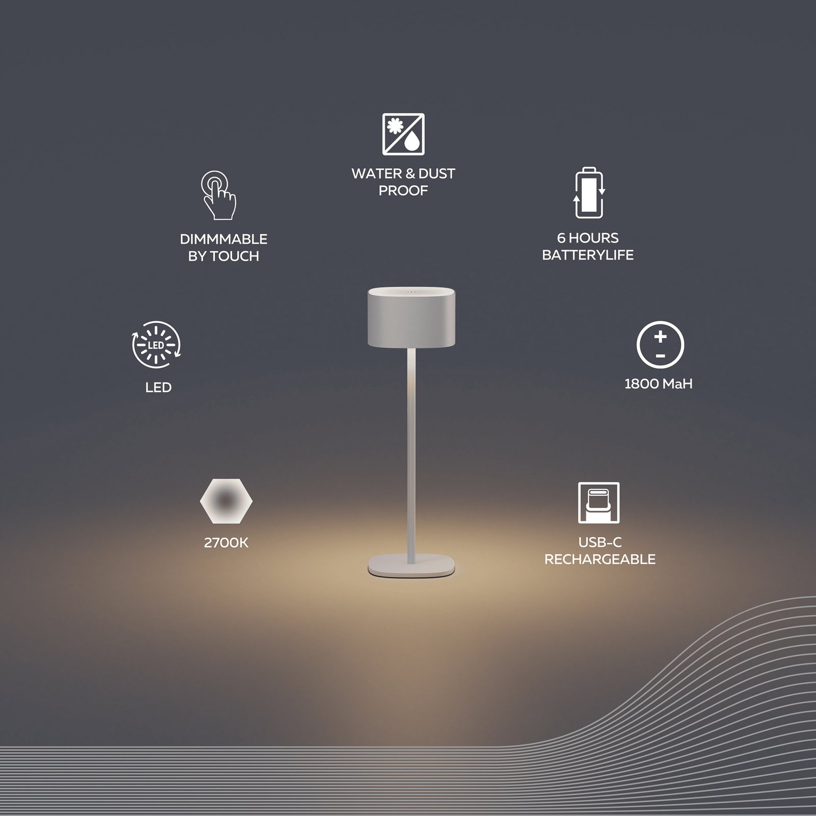 Calex LED-Akku-Tischleuchte Serino, sand, Aluminium, 2.700 K