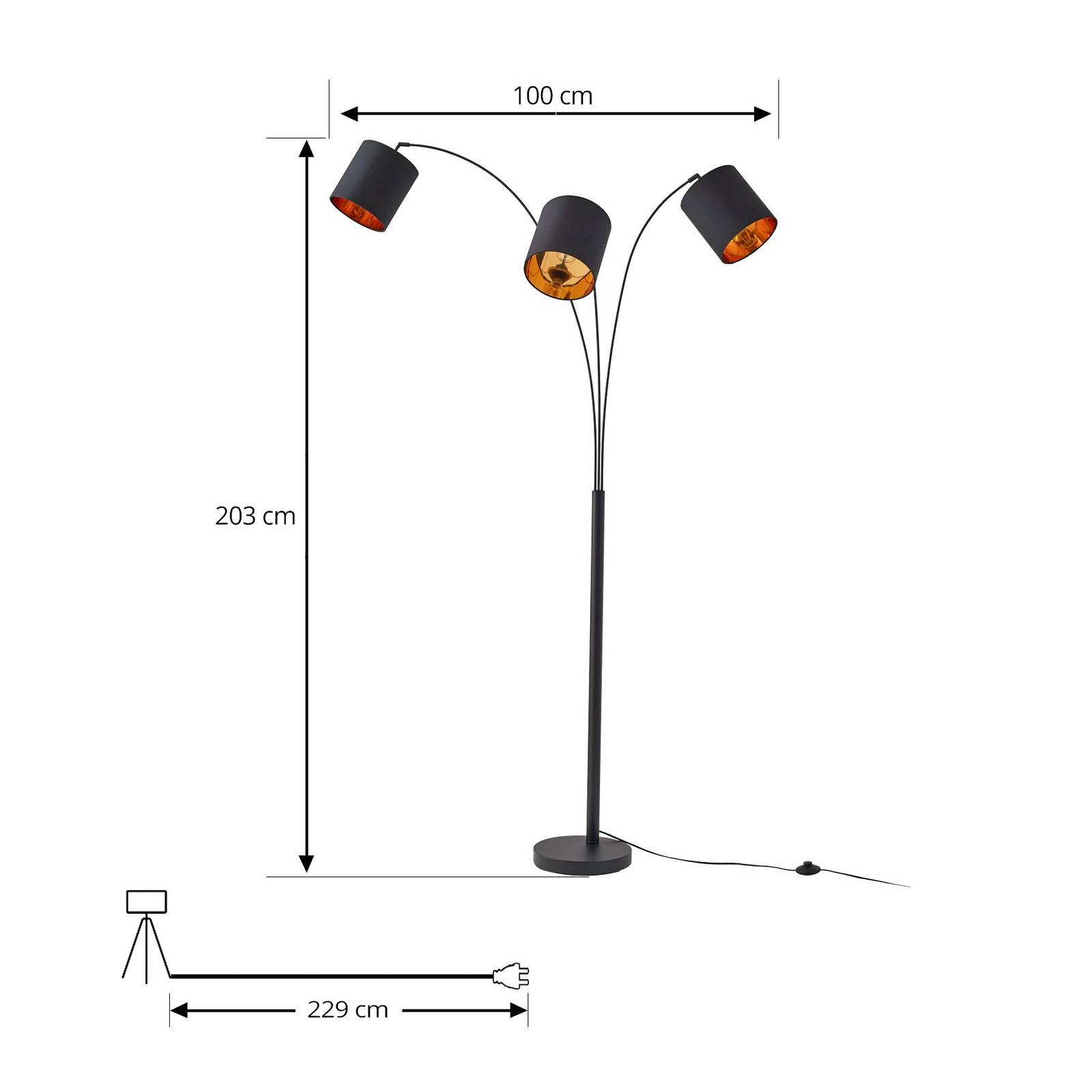 Lampa stojąca Lindby Nanika, czarny/złoty, 202 cm, E27, 3-punktowa.