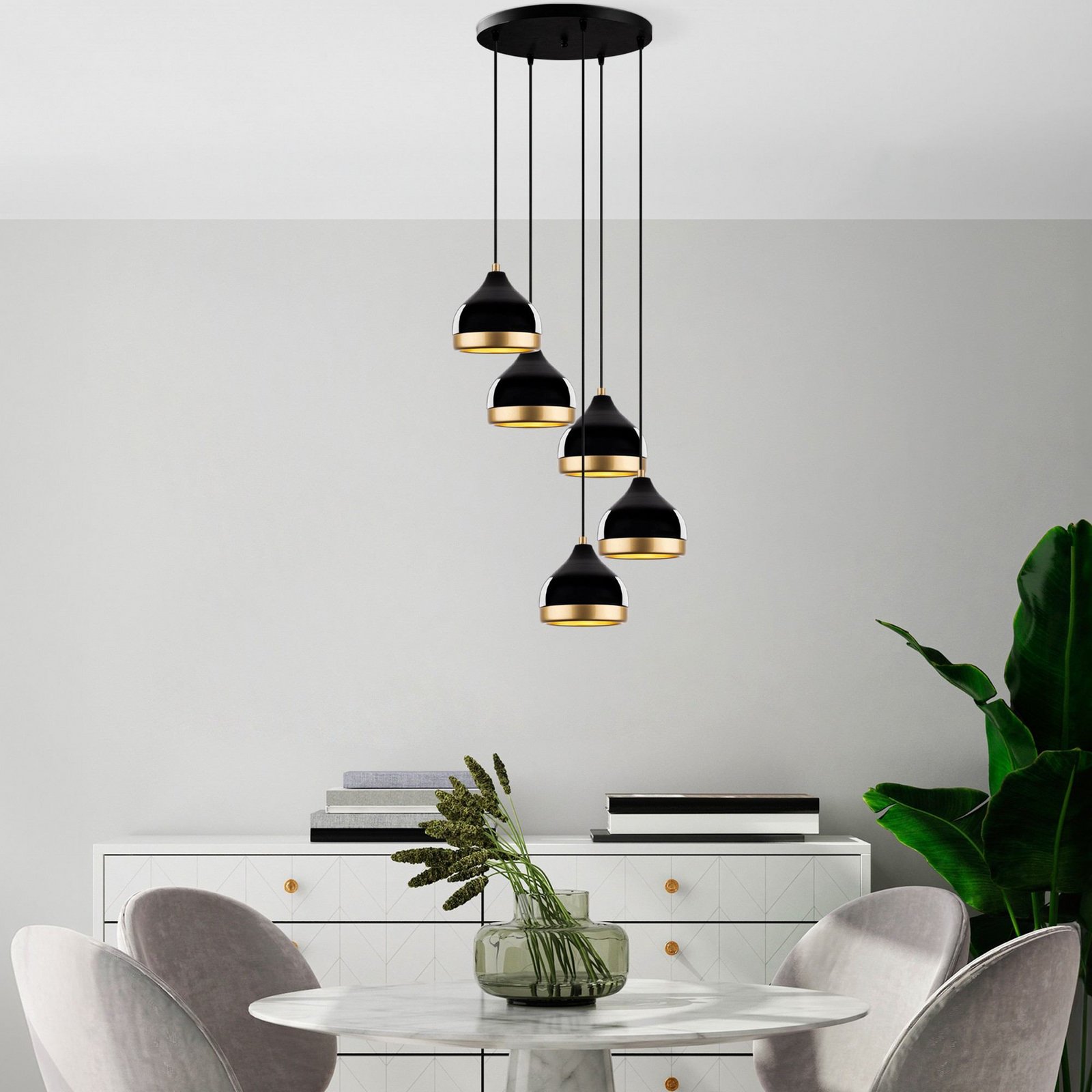 Hängeleuchte Yildo, 5-flammig, Rondell, schwarz/gold, Ø43 cm