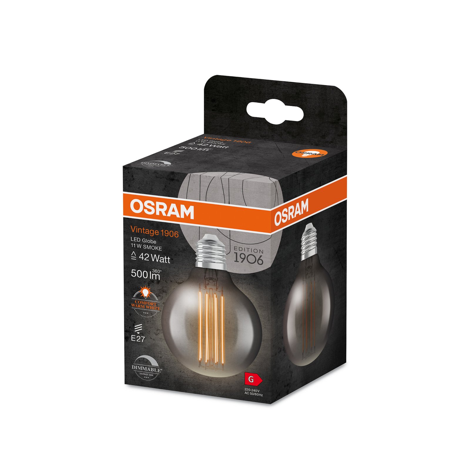 OSRAM LED Vintage 1906, G80, E27, 11 W, siva, 1.800 K, dim.