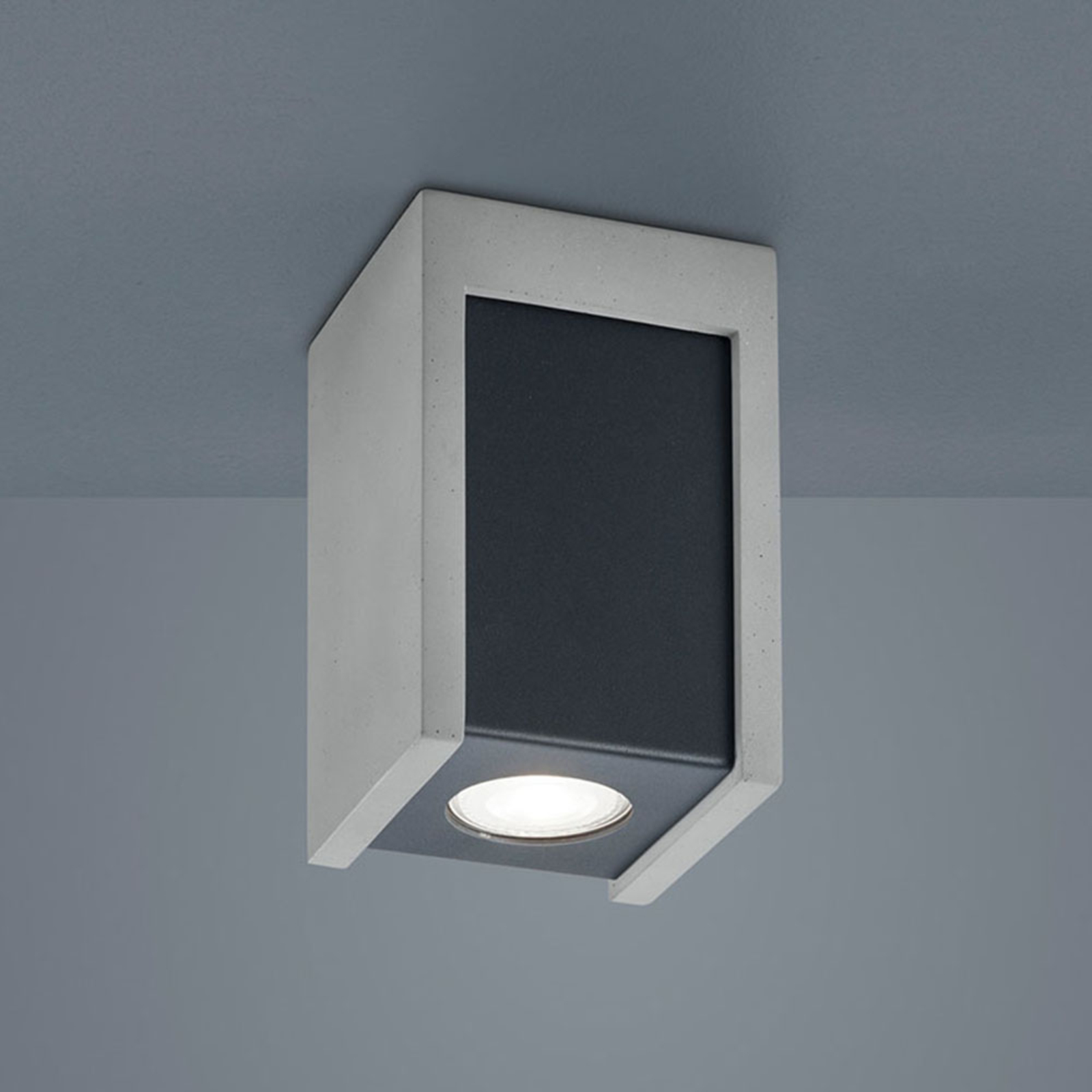 Helestra Pont downlight angular concrete, black inside, for Living / Dining Room, concrete, metal, GU10, 50 W, energy efficiency: A++, L: 10 cm, W: 10 cm, H: 15 cm