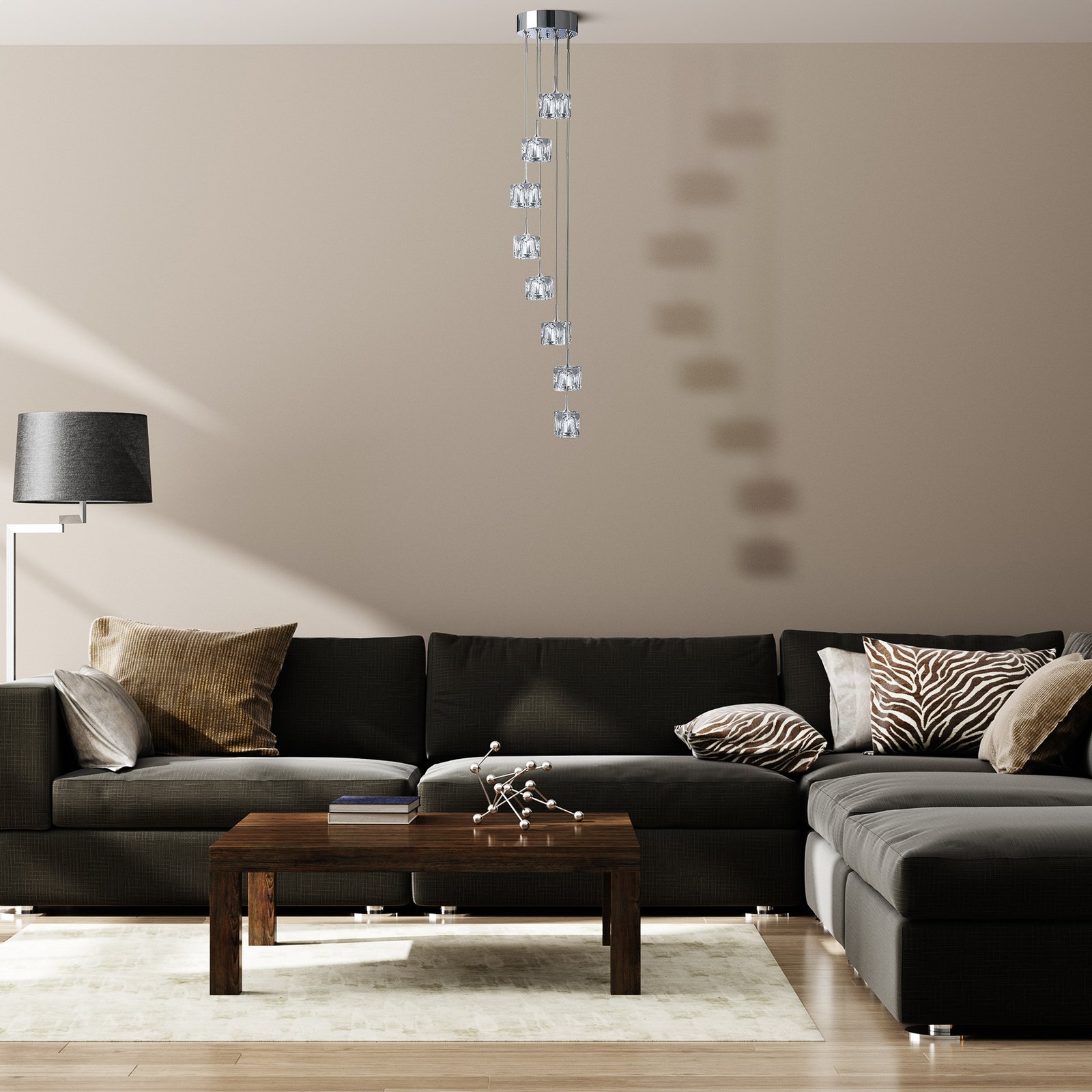 Ice Cube LED pendant light, 8-bulb, chrome, crystal glass