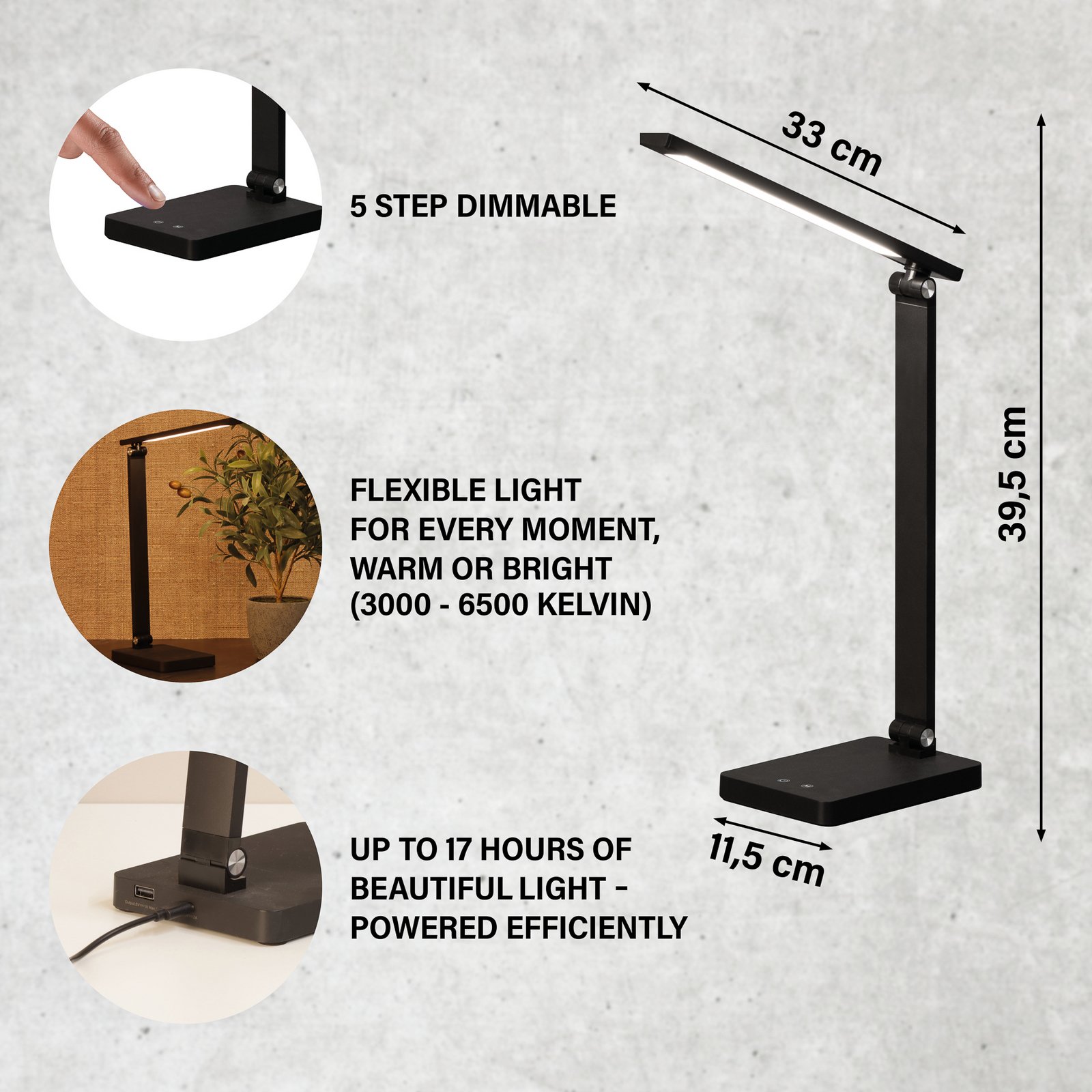 Ole LED rechargeable office desk lamp, black, sensor, dimmable, CCT