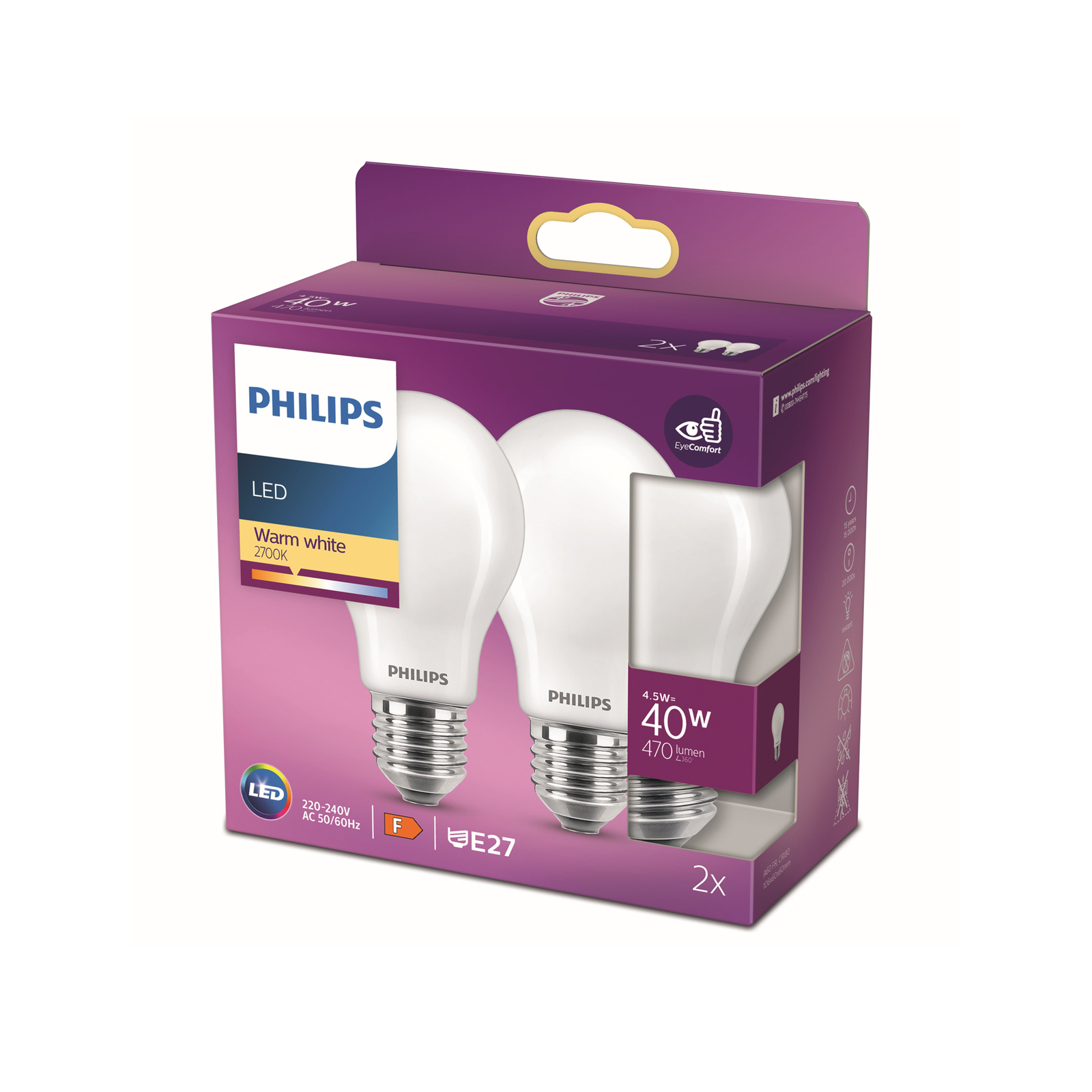 Philips LED lámpa E27 4,5W 2 700K opál 2db-os