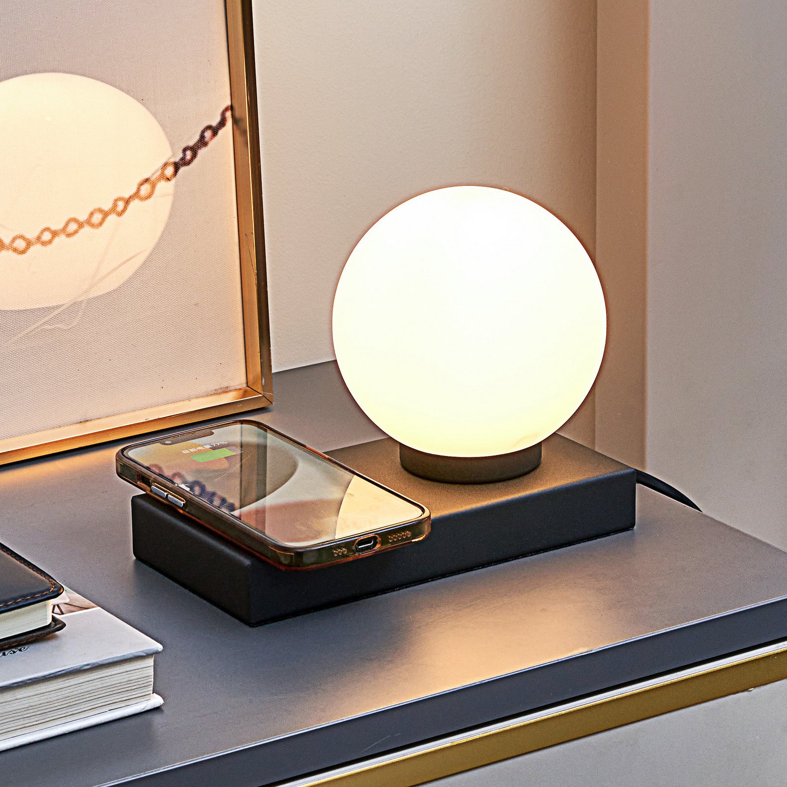 Lampă de masă Lindby Junis negru funcție de încărcare - Studiu / Birou - modern - negru opal - Metal