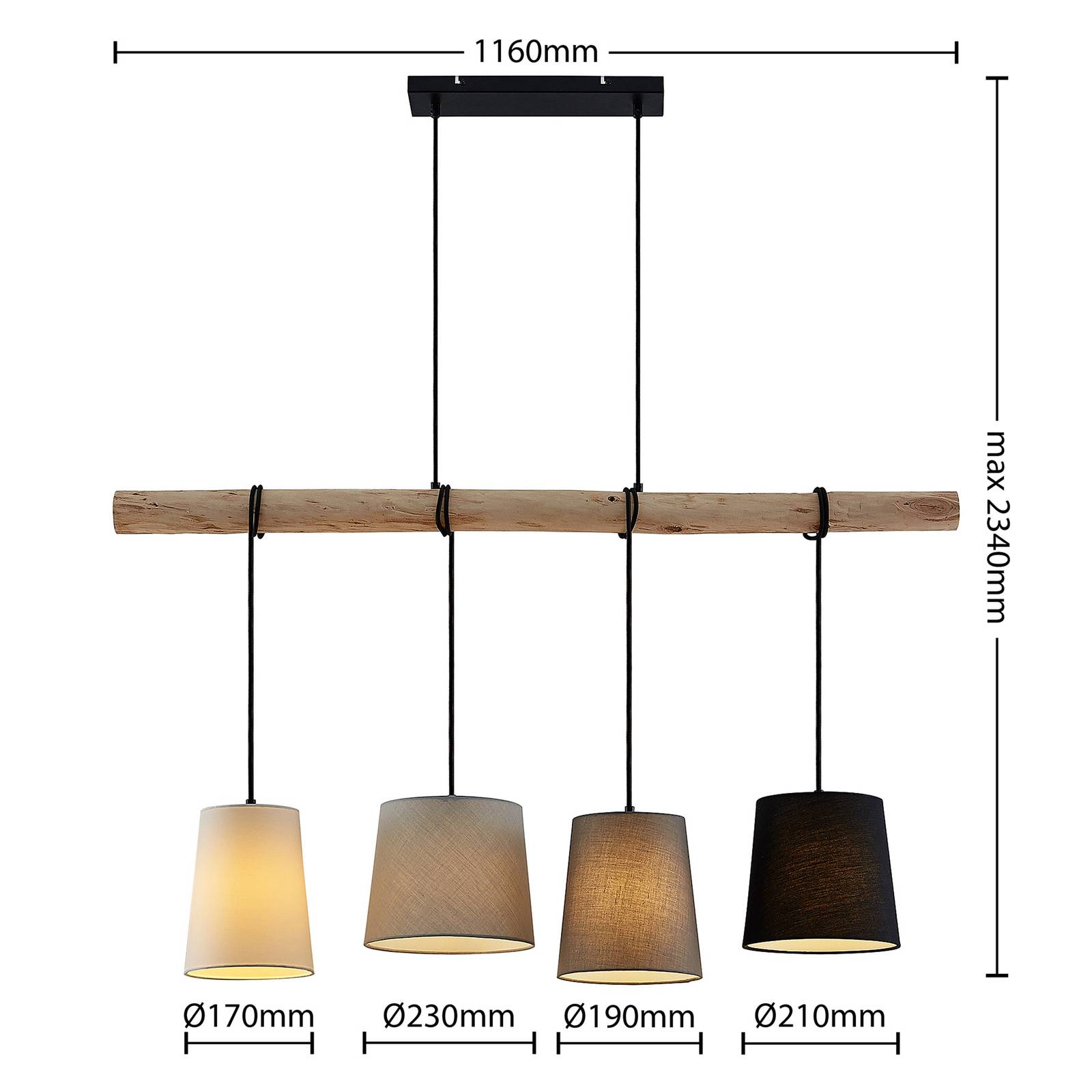 Lampa wisząca Lindby Hinai, czarny/szary/biały, tekstylna, 116 cm