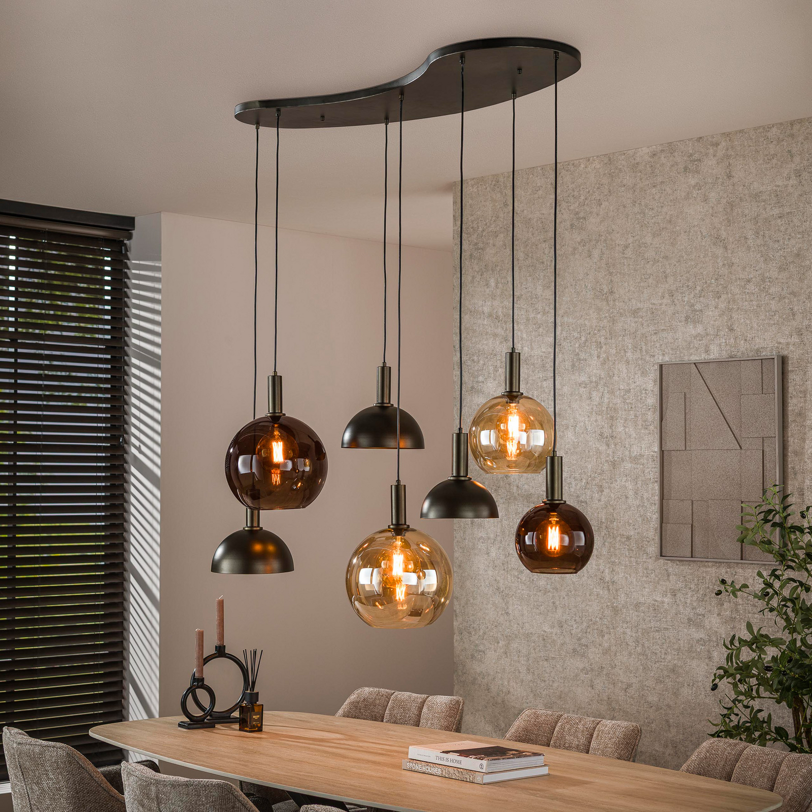 Pendelleuchte Cluster, amber/grau, Glas/Metall, 7-flg., E27 Pendelleuchte Cluster, amber/grau, Glas/Metall, 7-flg., E27