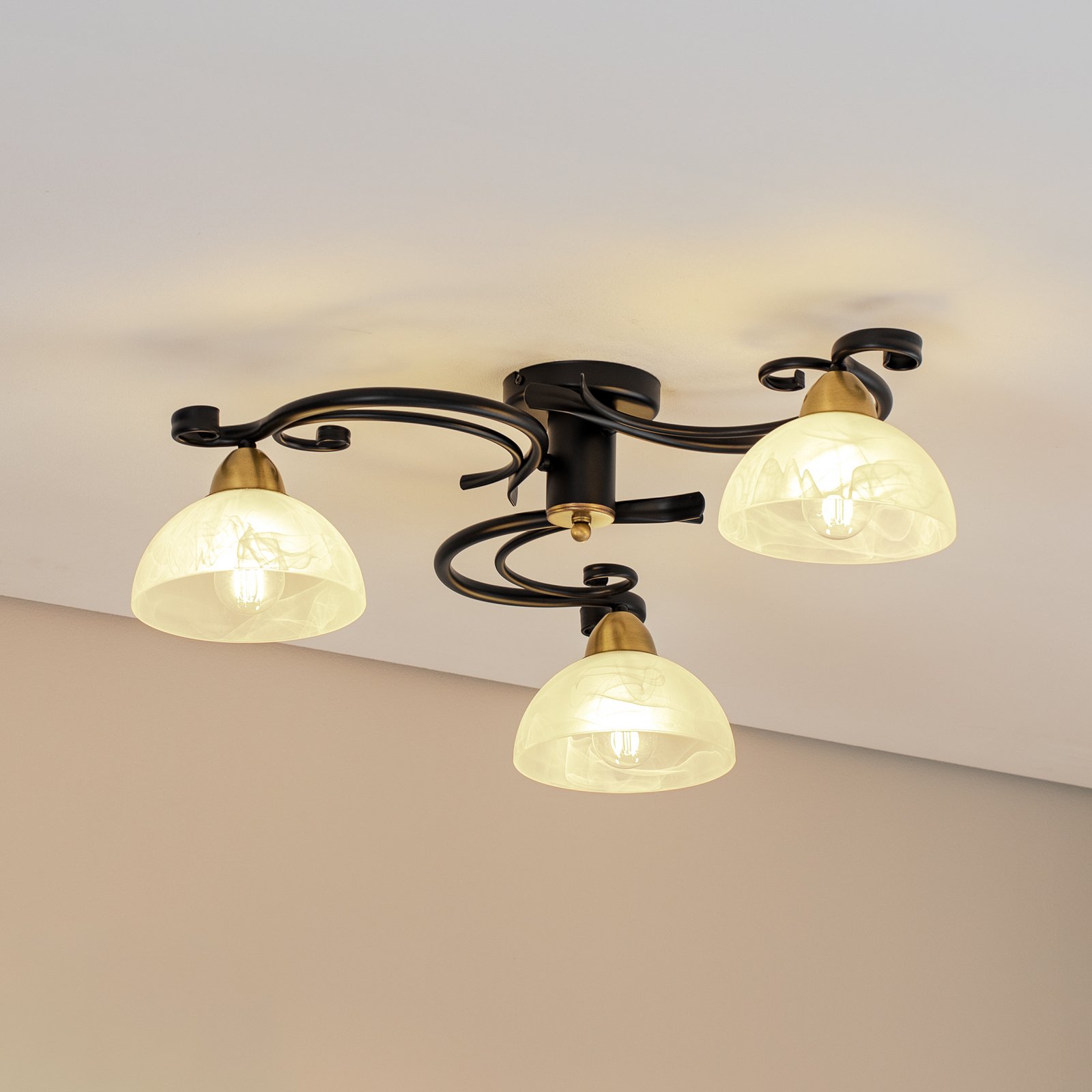 Flora ceiling lamp, 3 glass shades, black/brass