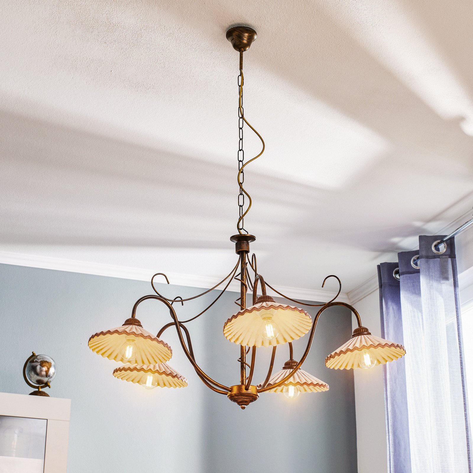 ONLI Lampă suspendată Rosina cu 5 becuri roz deschis/bronz - Camera de zi / sufragerie - Casă de țară / Rustic - roz deschis bronz antic - Ceramică