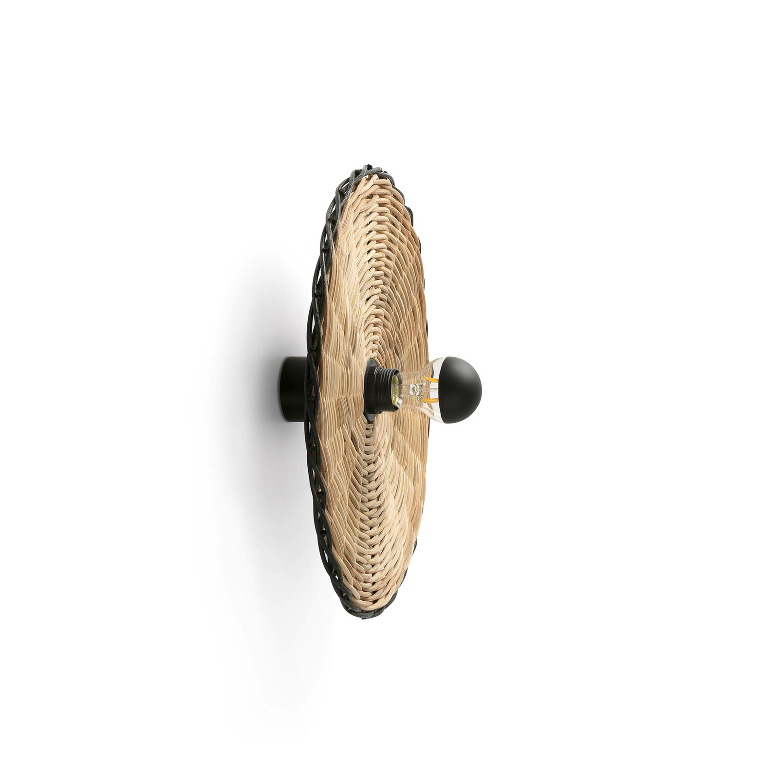 Costas wall light, black/light wood, rattan, Ø 40 cm