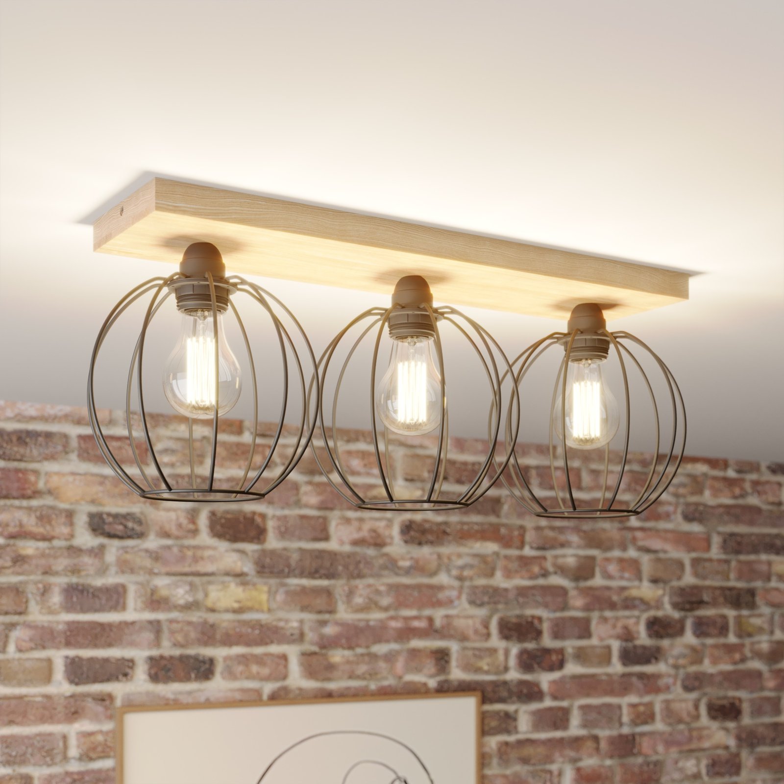 Dorett ceiling light, oak wood, 3-bulb