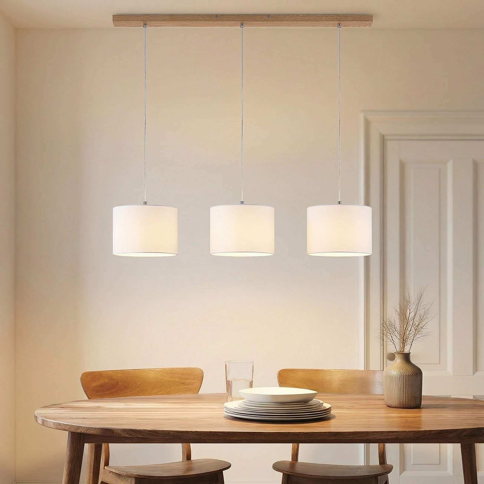 Lindby Suspension Imarin, 3 lampes, blanc, textile, 100cm Lindby Suspension Imarin, 3 lampes, blanc, textile, 100cm