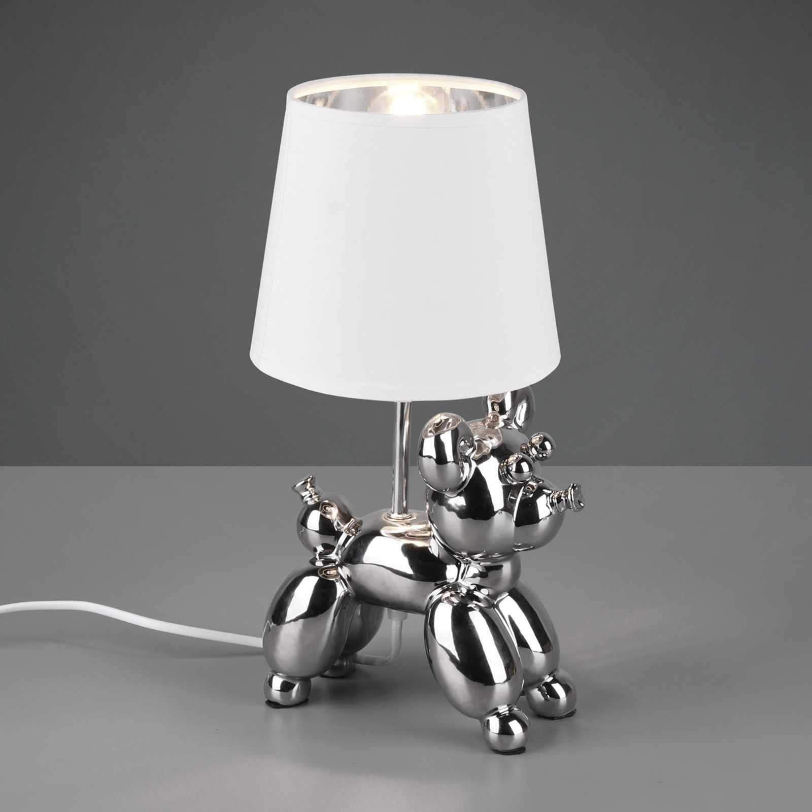 Tafellamp Bello met hond-figuur, zilver/wit