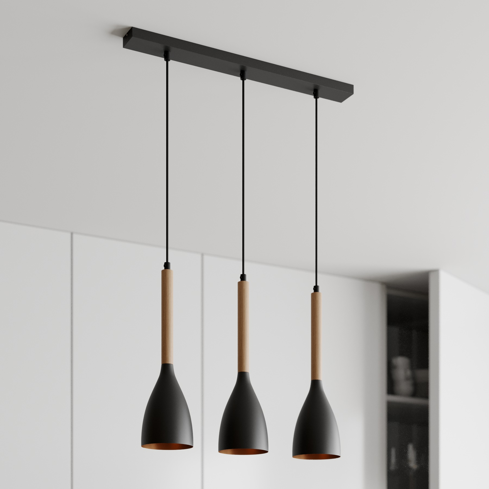Muza 3-bulb pendant light long black/light wood