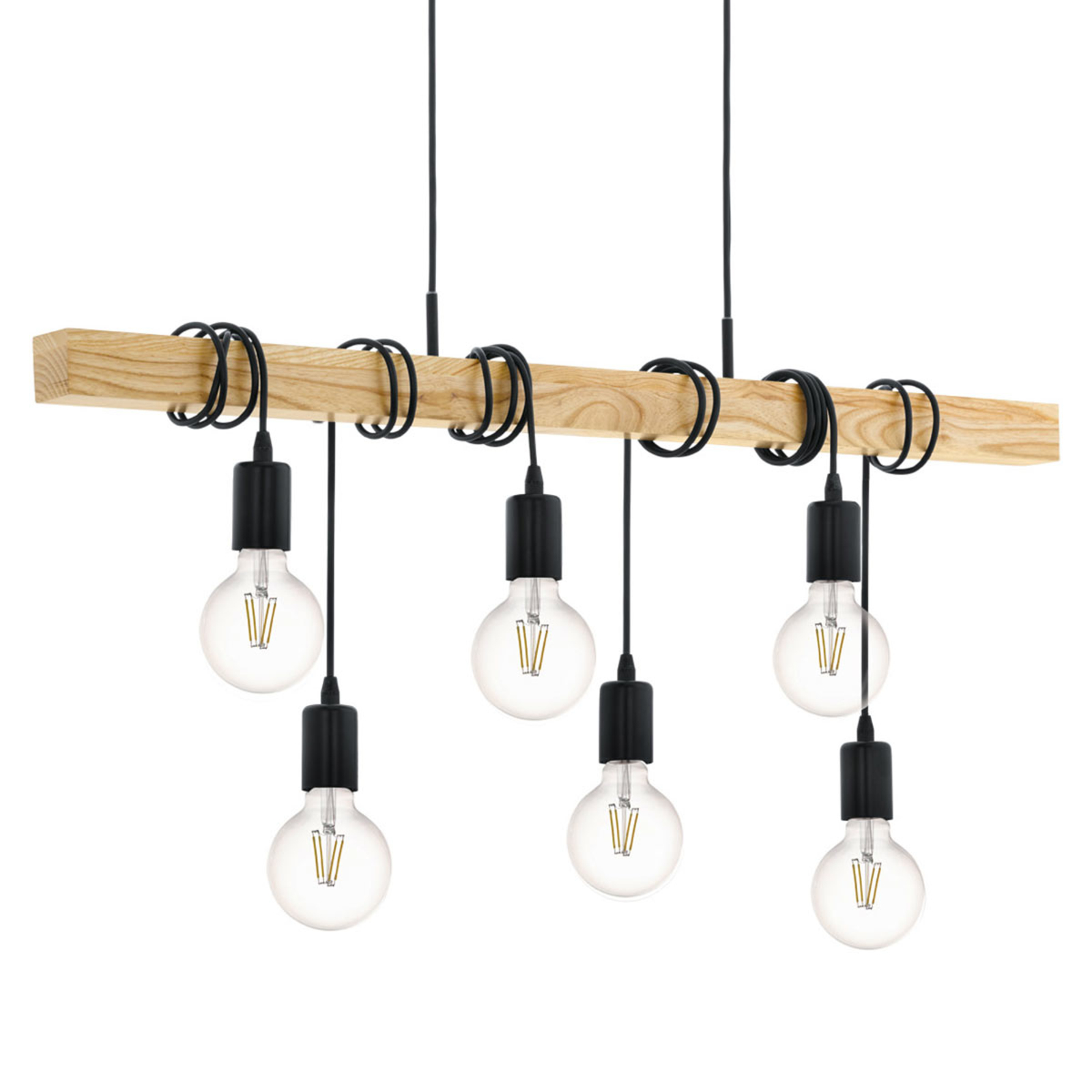 EGLO Townshend pendant lamp with wood, 6-bulb, for Living / Dining Room, metal, wood, E27, 60 W, energy efficiency: A++, L: 100 cm, W: 10 cm