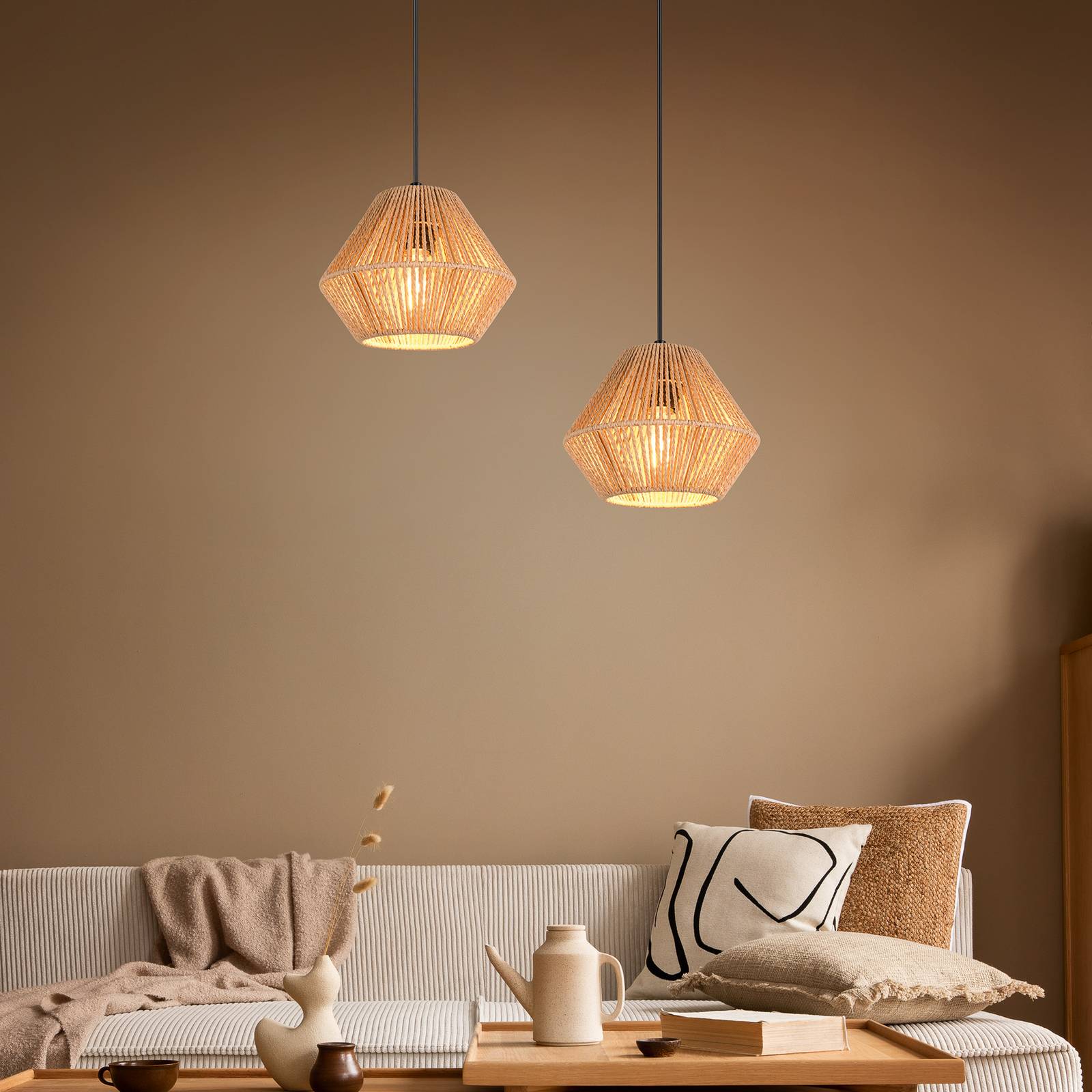 Reality Leuchten Suspension Lucille, marron, Ø 20 cm, fil de papier, E27