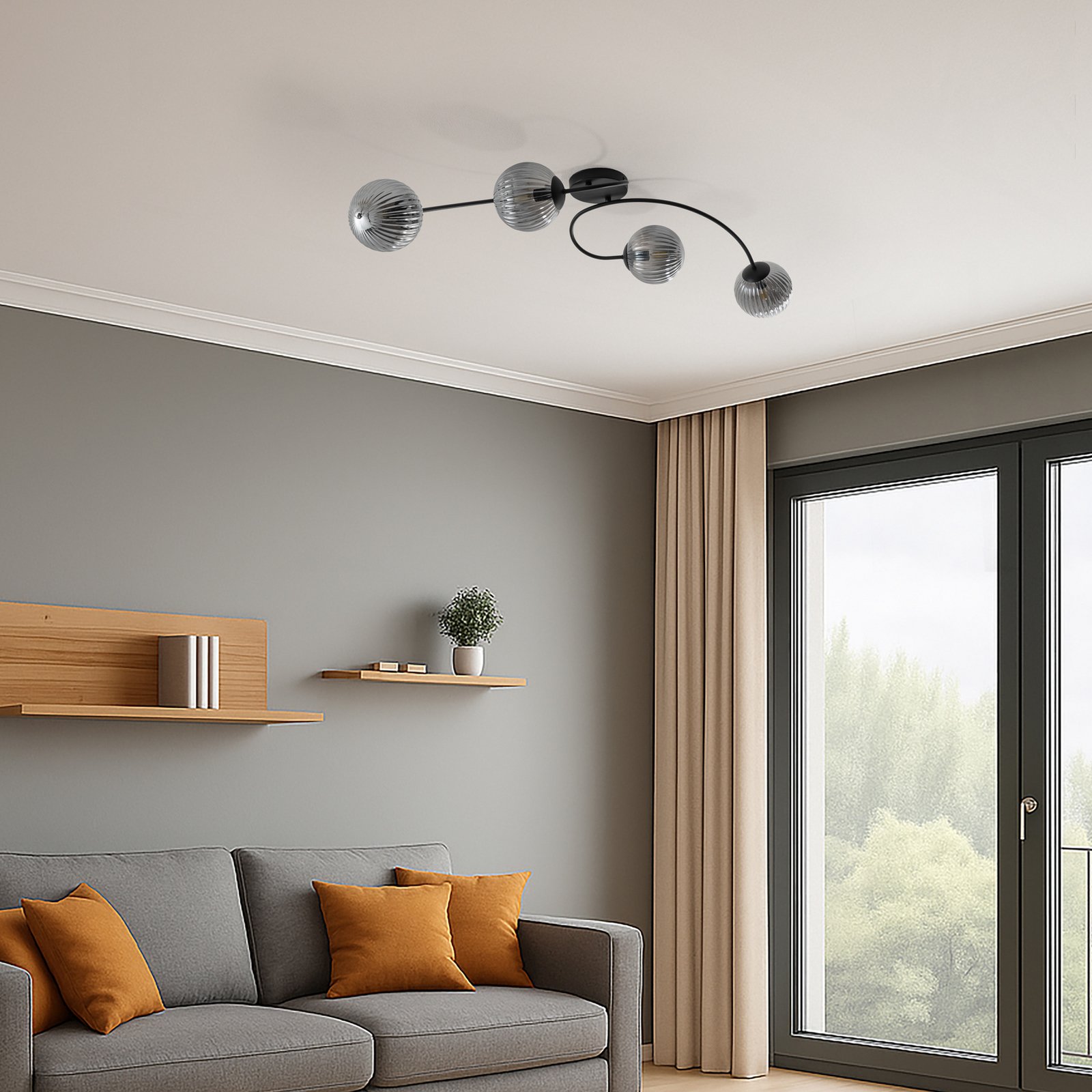 Plafoniera Vibra, grigio fumo/nero, lunghezza 110 cm, a 4 luci.