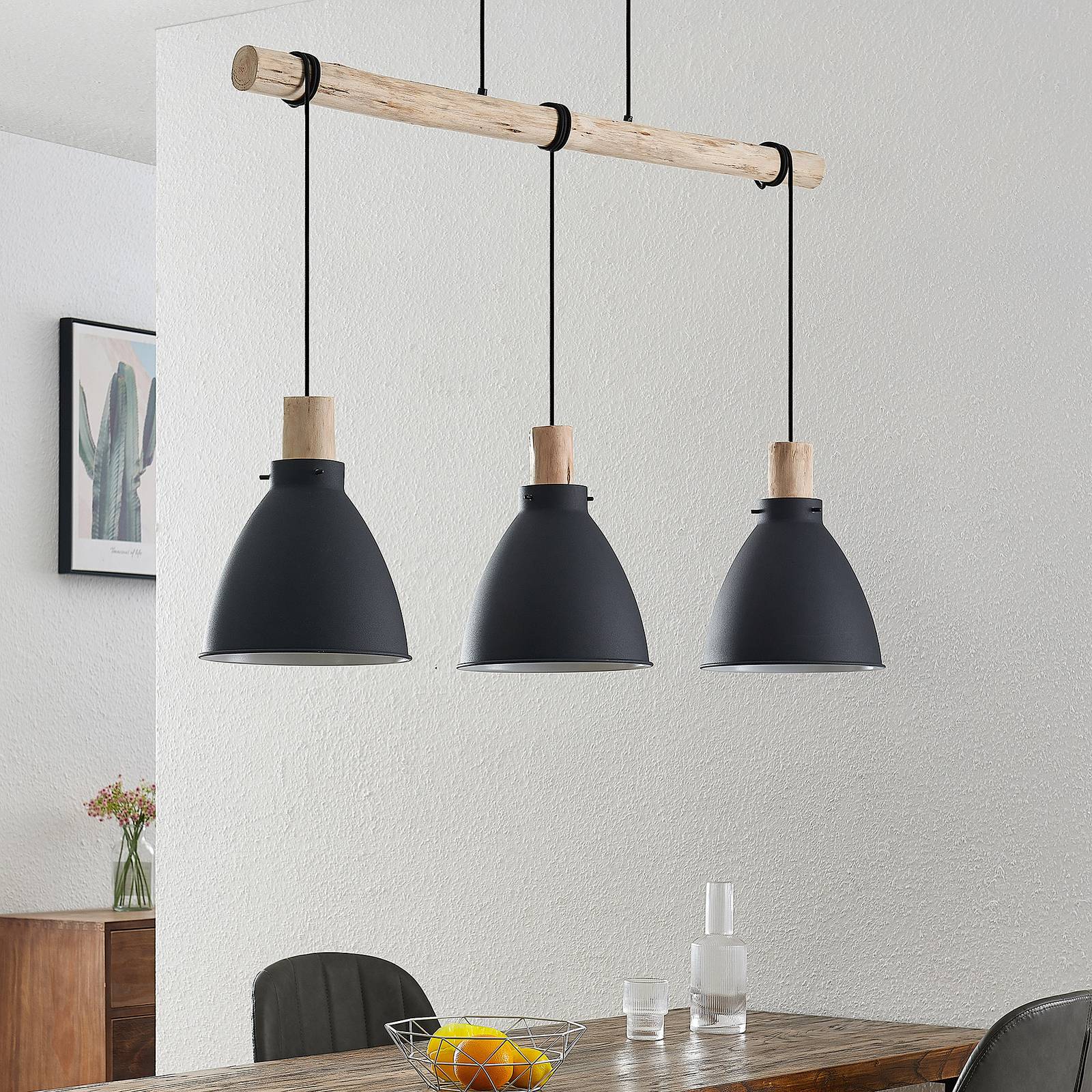 Lampa wisząca Lindby Trebale, E27, Ø 28 cm, 3-punktowa, drewno