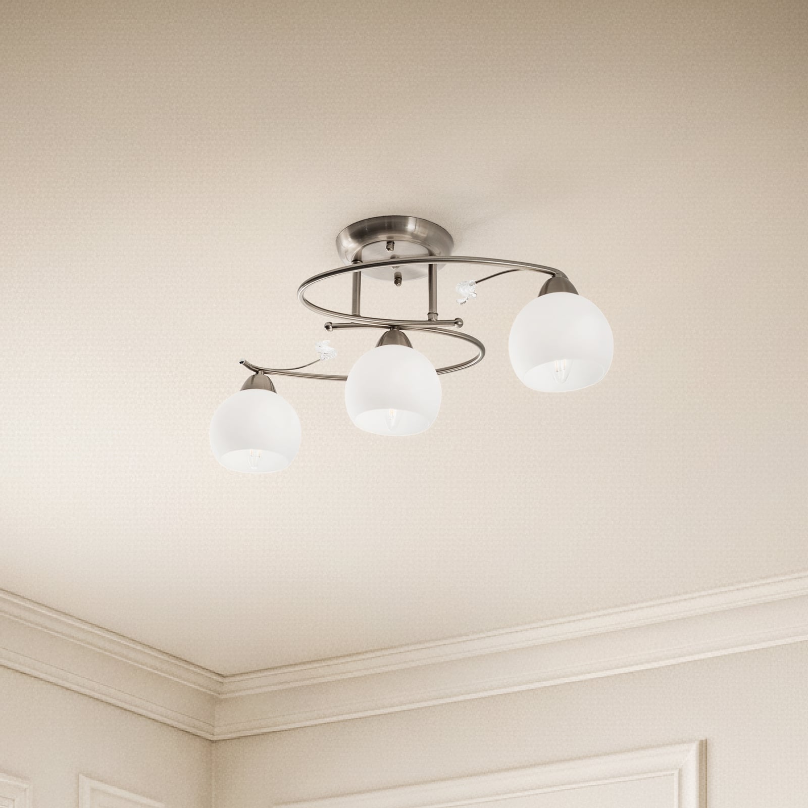 Lindby plafondlamp Svean, 3-lamps, nikkel/wit, glas, lengte 60 cm