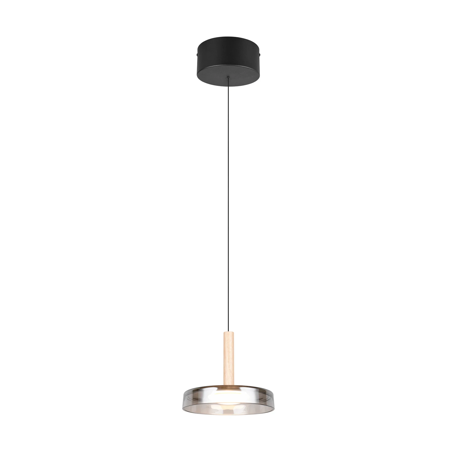 LED pendant light Celeste, chrome/wood, Ø 22 cm, glass, dimmable