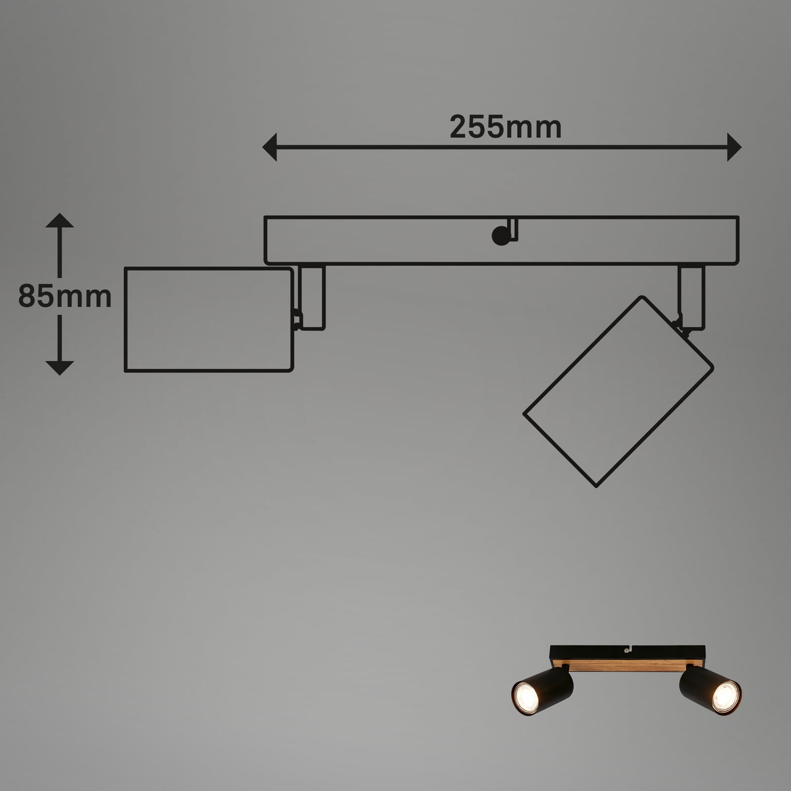 Tib mennyezeti spotlámpa, fekete/fa, 2 izzós, állítható, fém