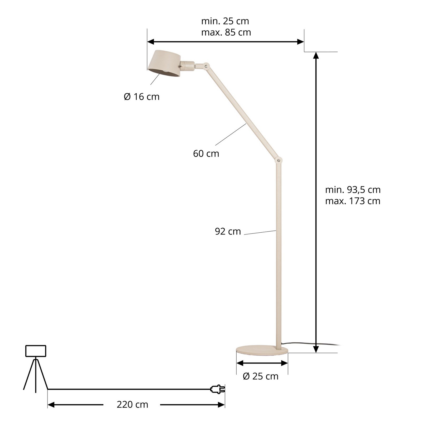 Silka vloerlamp, 173 cm, beige, verstelbaar, E27 - Lucande