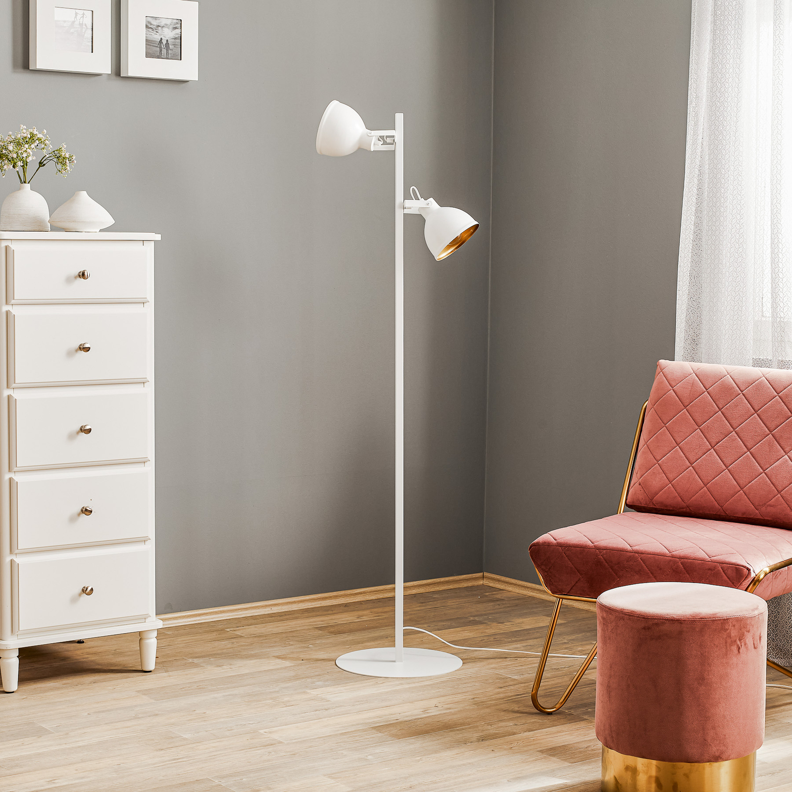 Trial floor lamp 2 pivotable lampshades white/gold