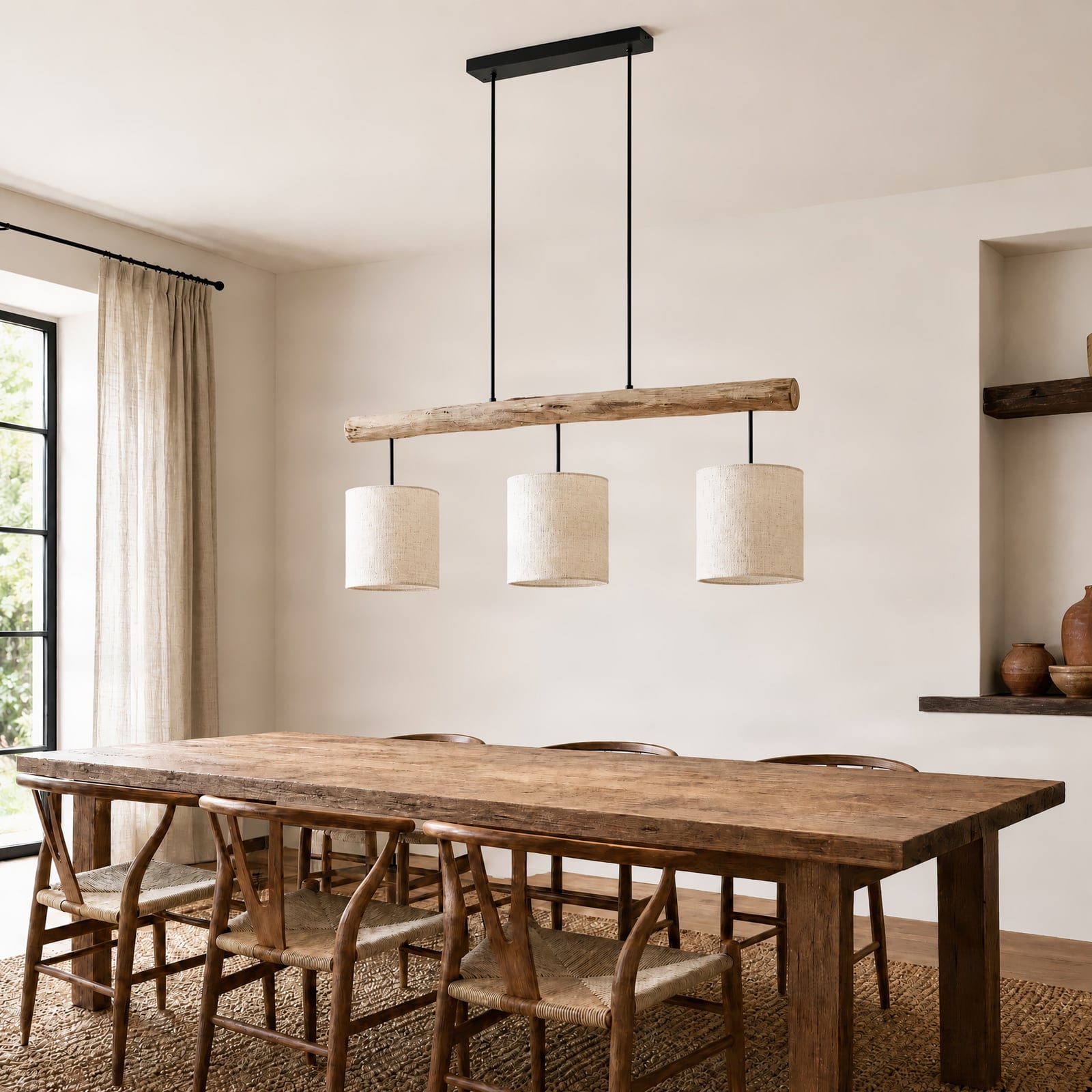 Lucande hanglamp Jorvan, 3-lamps, 100 cm, hout/textiel