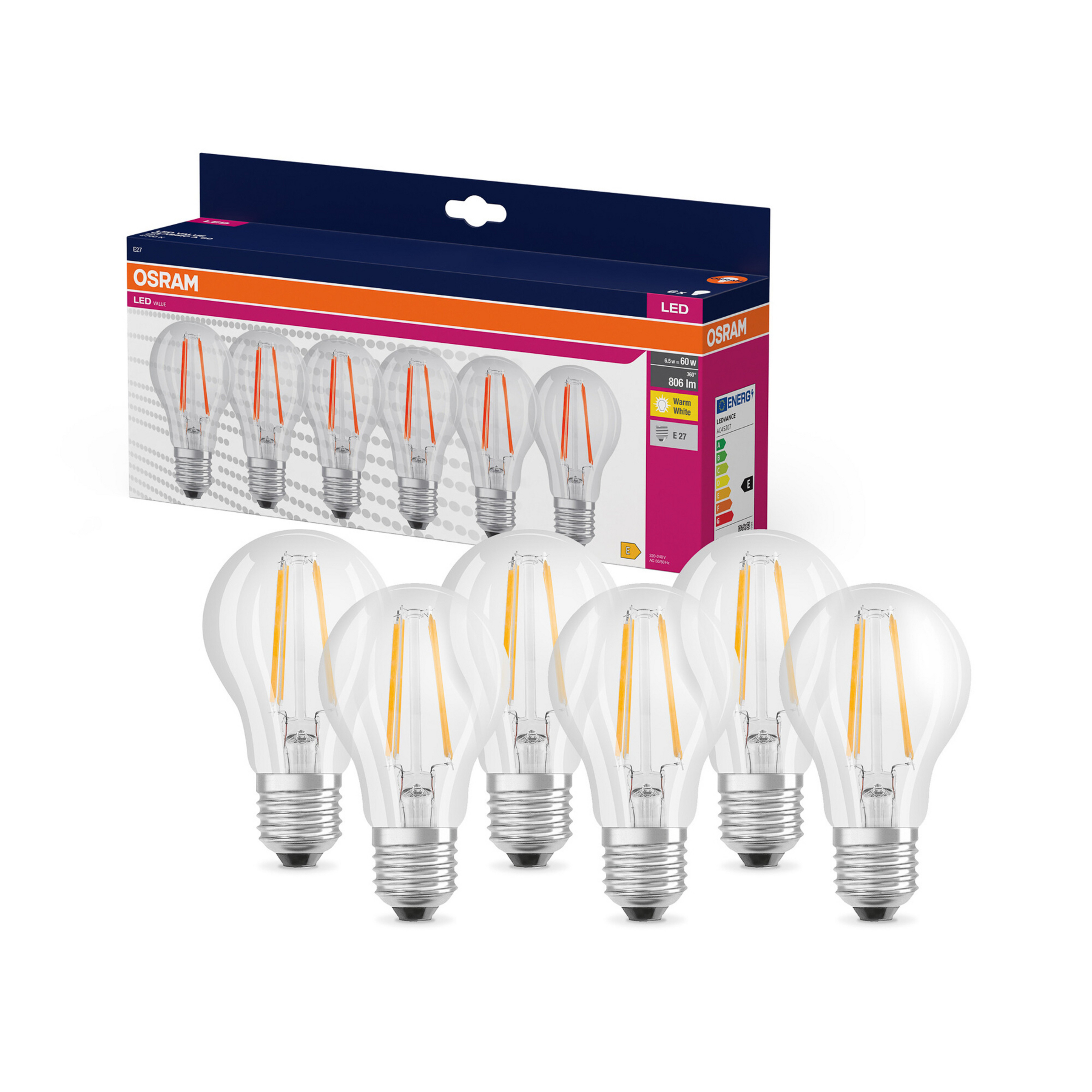 OSRAM LED-pirn Filament E27 7W 827 6-pakend