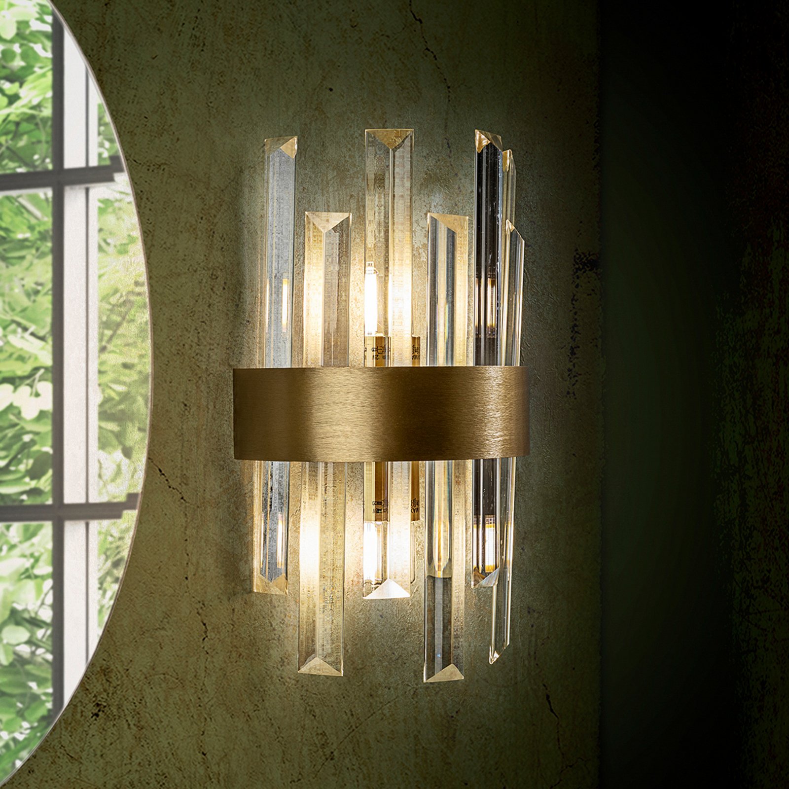 Grace vegglampe, 2 lyskilder, gullfarget, jern, glass