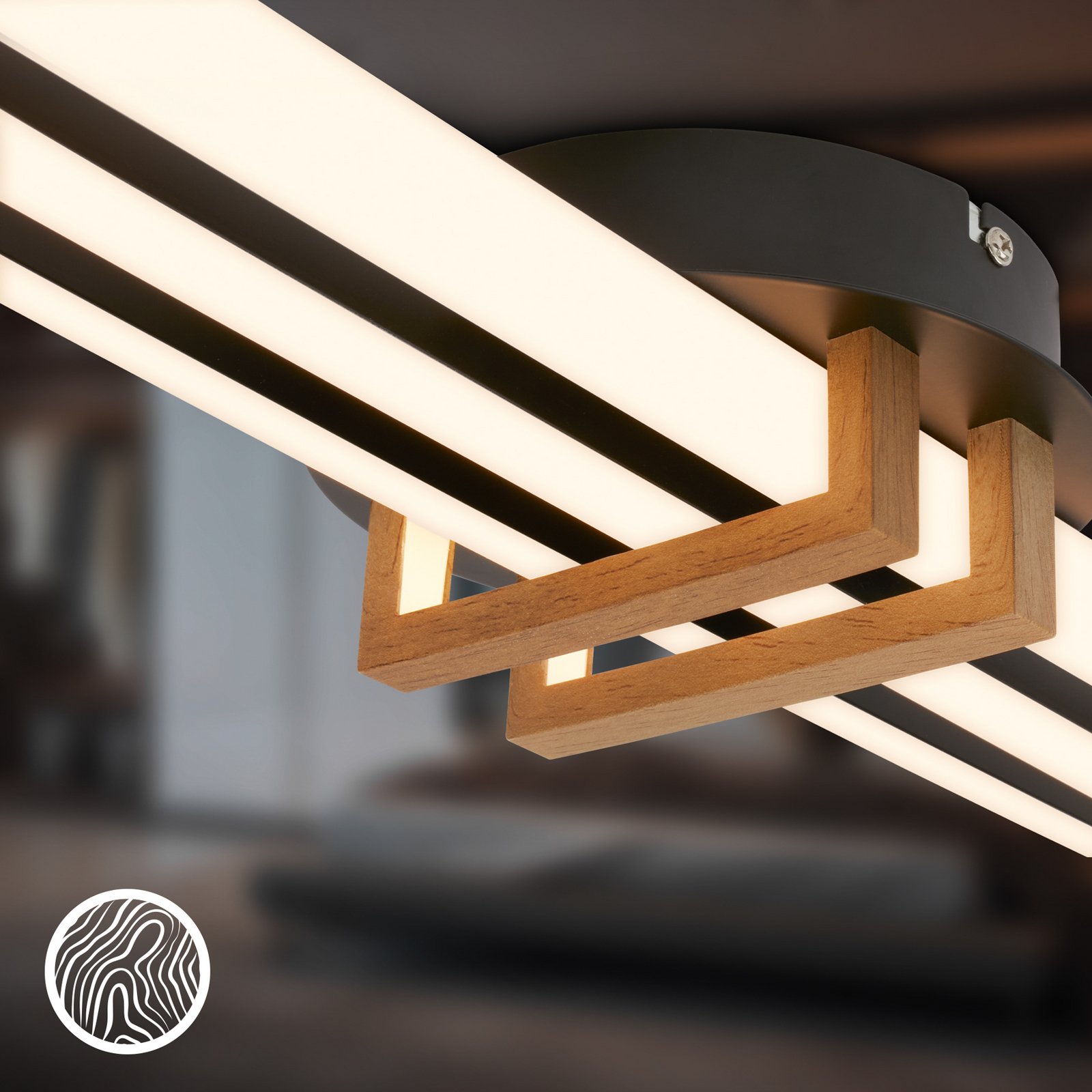 Tinka LED ceiling lamp, wood colour/black, length 98 cm