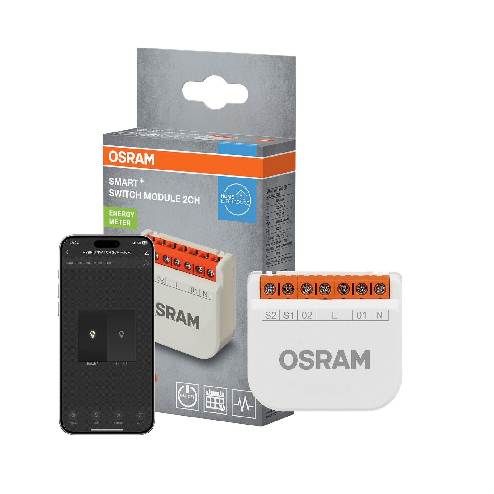 OSRAM SMART+ WiFi-schakelmodule, 2-kanaals, inbouw, IP20