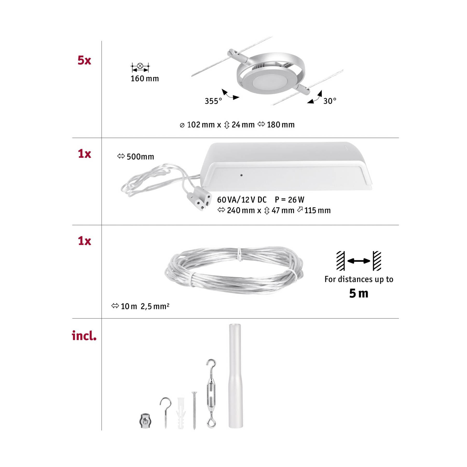 Wire RoundMac LED-Seilsystem, 5-flg. chrom - Paulmann