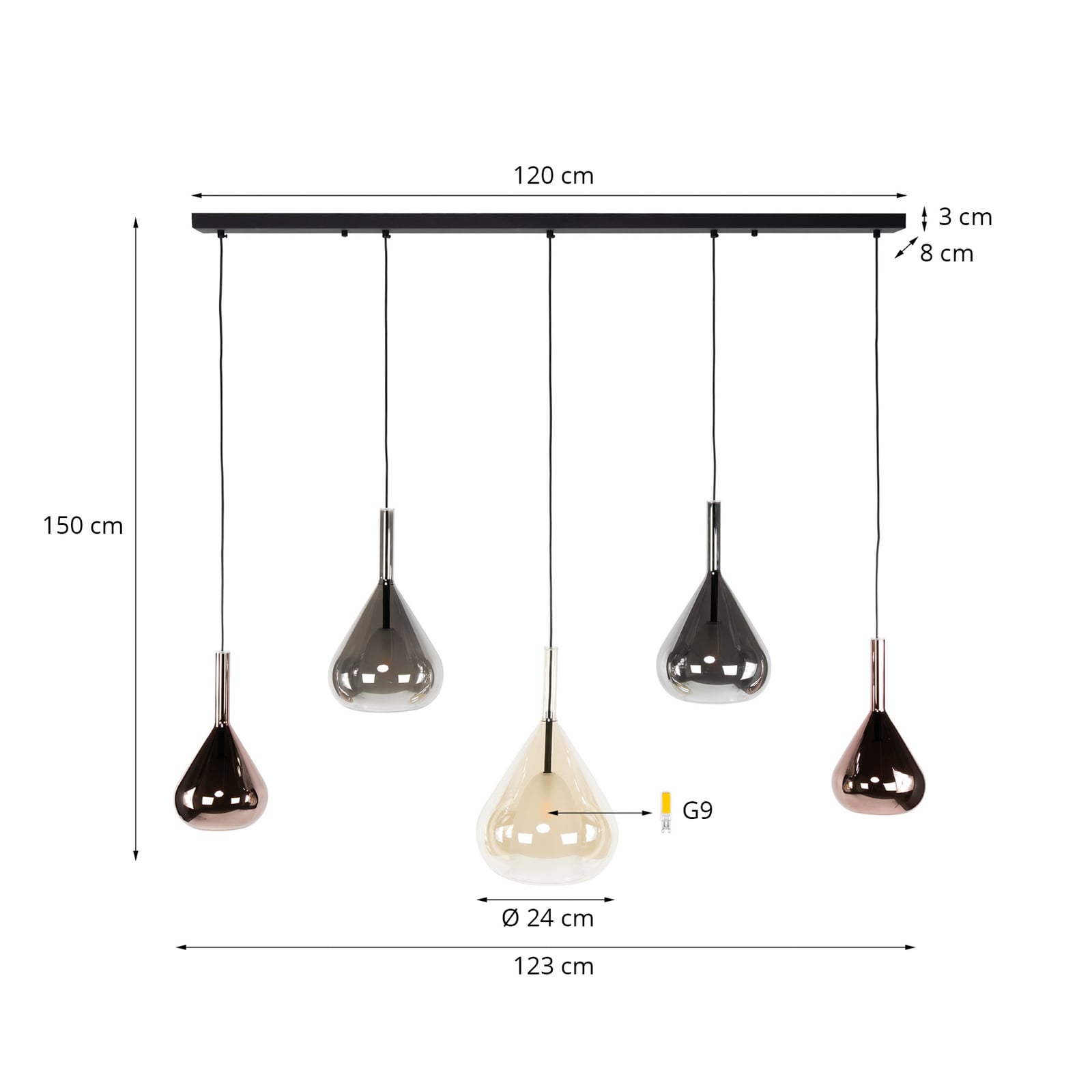 Hängelampe Wings, schwarz/braun/kupfer, 5-flg., G9, Glas