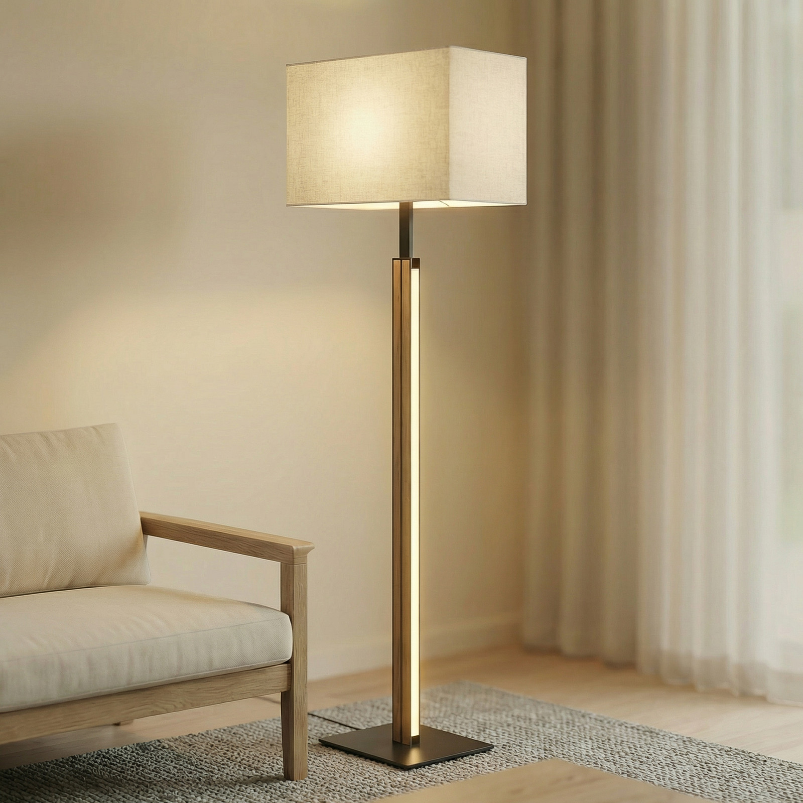 Lampadar LED Quitani Lisene stejar/negru/natur 162 cm dimabil - Camera de zi / sufragerie - Design - stejar negru natural - Țesătură / Textil