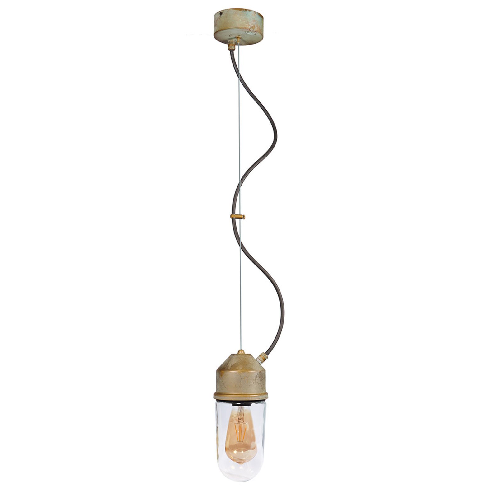 Hængelampe 1951N, antik messing, lige glas, klar