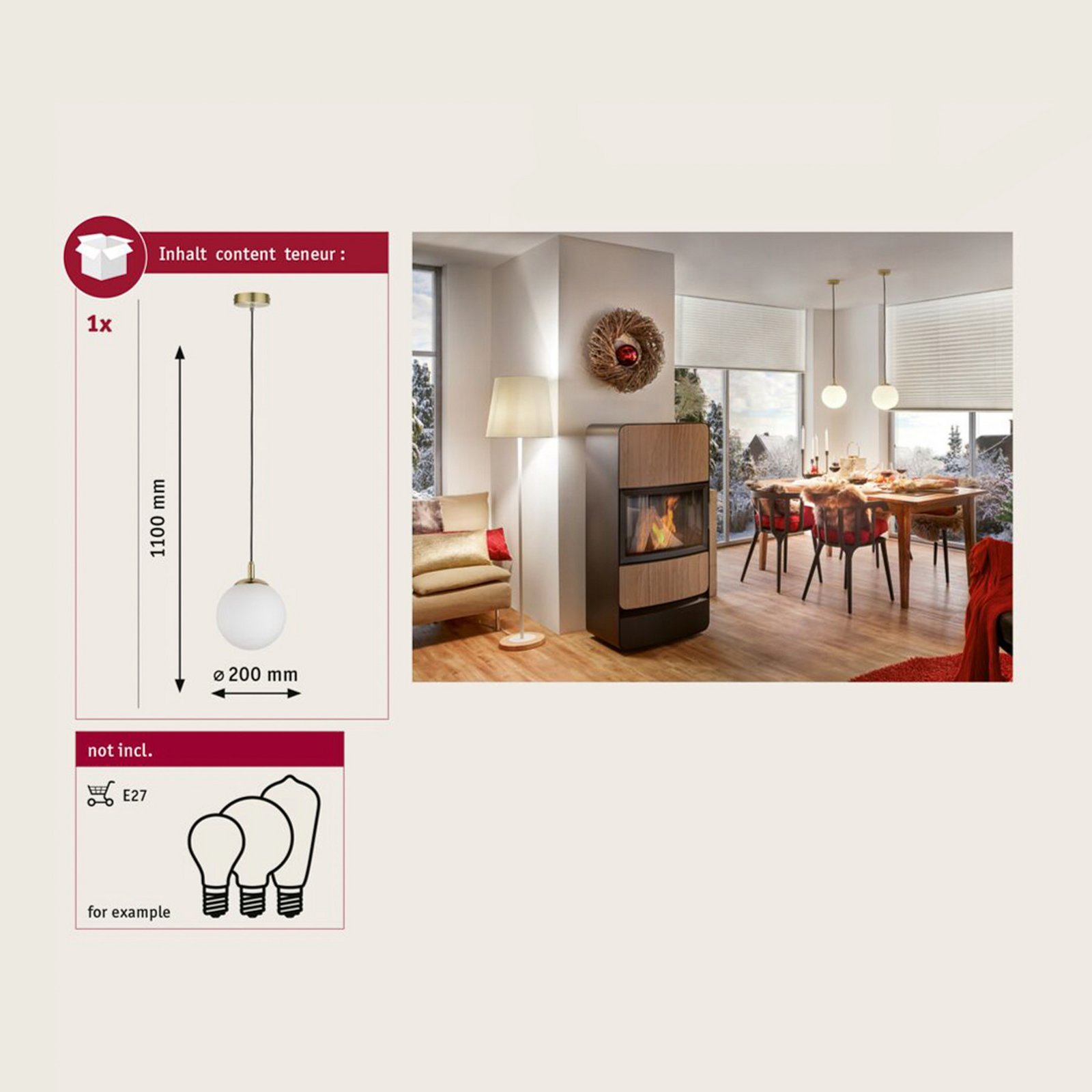 Suspension Paulmann Menja blanc satiné/laiton Ø 20 cm IP44