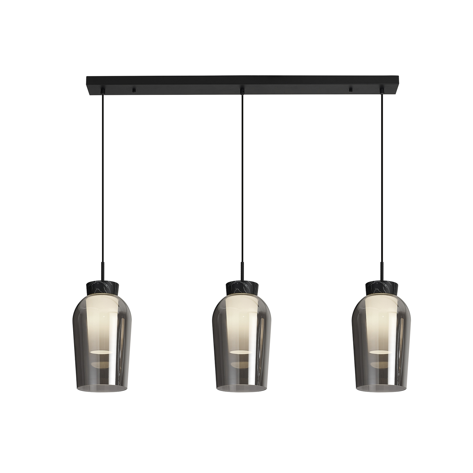 Nora hanglamp, zwart, chroom, 3-lamps, balk, glas