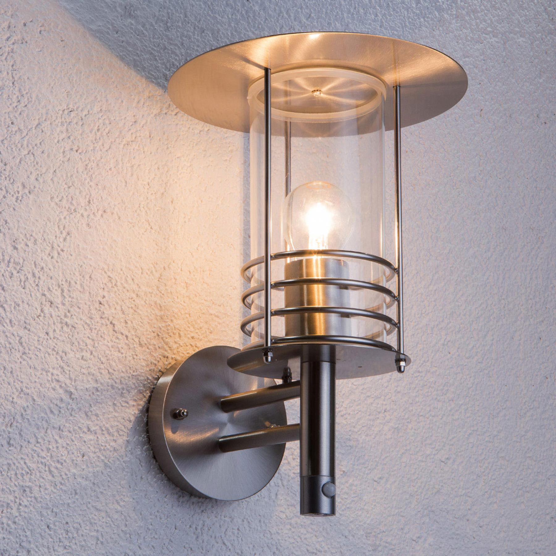 Lindby Motion sensor outdoor wall light Miko, stainless steel, glass, E27, 60 W, energy efficiency: A++, W: 22 cm, H: 34.7 cm