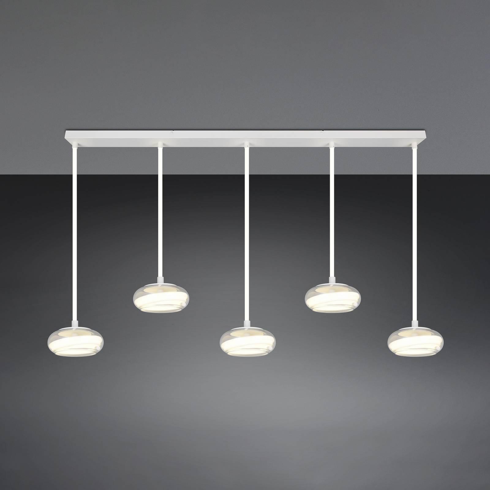 Trio Lighting Suspension LED Tarsia, blanc mat, longueur 161 cm, verre, à 5 lampes.