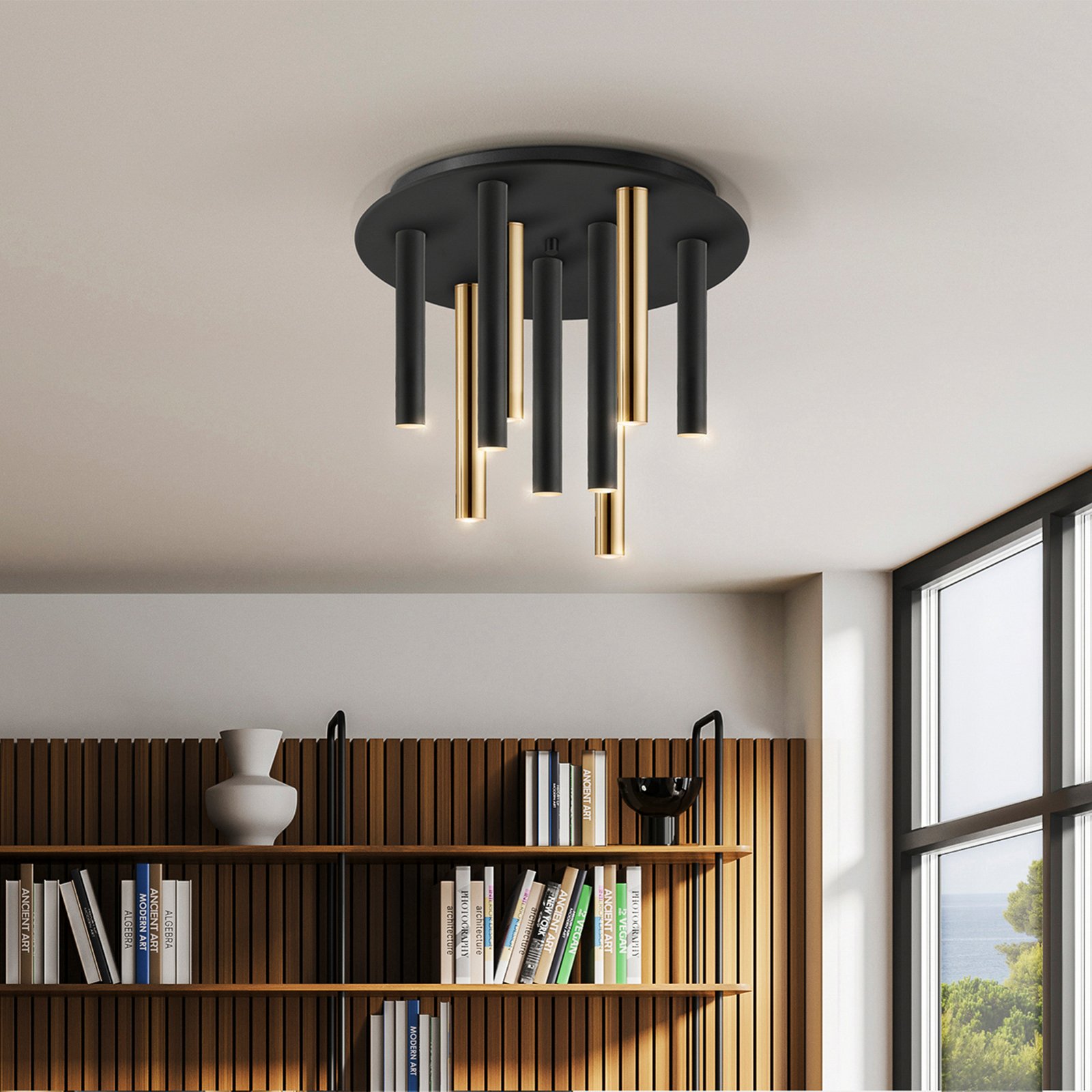 LED лампа за таван Varas с възможност за димиране, 9 светлини, златисто/черно,